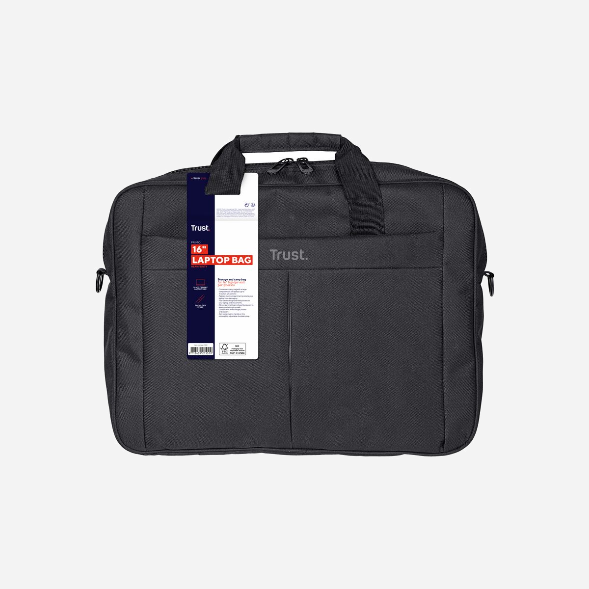 Trust Sacoche 21551 pour Ordinateur Portable 16" (40.6cm), Malette Noire en Tissu, 2 Compartiments, Poche Avant, Sangle Épaule, Résistance Poussière/Rayures - Sac de rangement et de transport pour ordinateur portable 16" et ses périphériques.