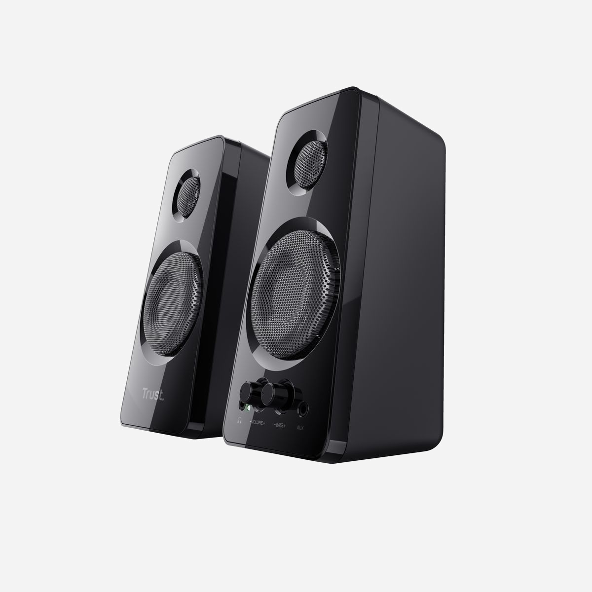 Trust Enceintes 2.0 Filaire 18W RMS (36W PMPO) Noir - Bande Passante 20-20000Hz, Impédance 4 Ohm, Connectique Jack 3.5mm & USB, 100x100x210mm - Jeu d'enceintes élégantes produisant un son superbe grâce à une puissance en sortie (crête) de 36 W (18 W RMS)<br><br>