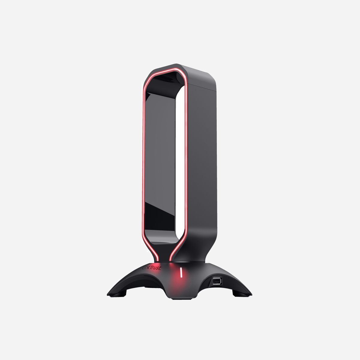 Trust GXT 265 Cintar - Support Casque RGB avec 2 Ports USB Type-A - Base Antidérapante - Hauteur 255mm - Câble 1.5m - Compatible Windows/macOS - <b>Où avez-vous la tête ?</b><br><br>Organisez l'agencement de votre espace de jeu avec le support pour casque-micro Trust GXT 265 Cintar RGB. Cet accessoire élégant ne se contente pas de soutenir votre casque : il comporte aussi deux ports USB faciles d'accès et ajoute un magnifique éclairage RGB rythmé à votre configuration de jeu.<br><br><b>Très stable</b><br><br>Grâce à son design lesté et ses pieds en caoutchouc antidérapants, le support Cintar pourra soutenir n'importe quel casque d'une hauteur de 215 mm maximum. Et avec la couche supérieure robuste et antidérapante, votre casque restera fermement en place.<br><br><b>Restez connecté</b><br><br>Le support intègre 2 ports USB supplémentaires, ce qui vous offre des options faciles d'accès pour connecter des périphériques comme une souris et une webcam, ou une clé USB pour transférer des fichiers.<br><br><b>Illuminez votre espace !</b><br><br>En plus de dégager votre espace de jeu, le support de casque le baignera aussi dans un magnifique éclairage RGB rythmé. Grâce aux couleurs pulsantes, le support pour casque-micro Trust GXT 265 Cintar RGB ne sera pas simplement un complément utile à votre configuration de jeu, mais aussi un complément séduisant.