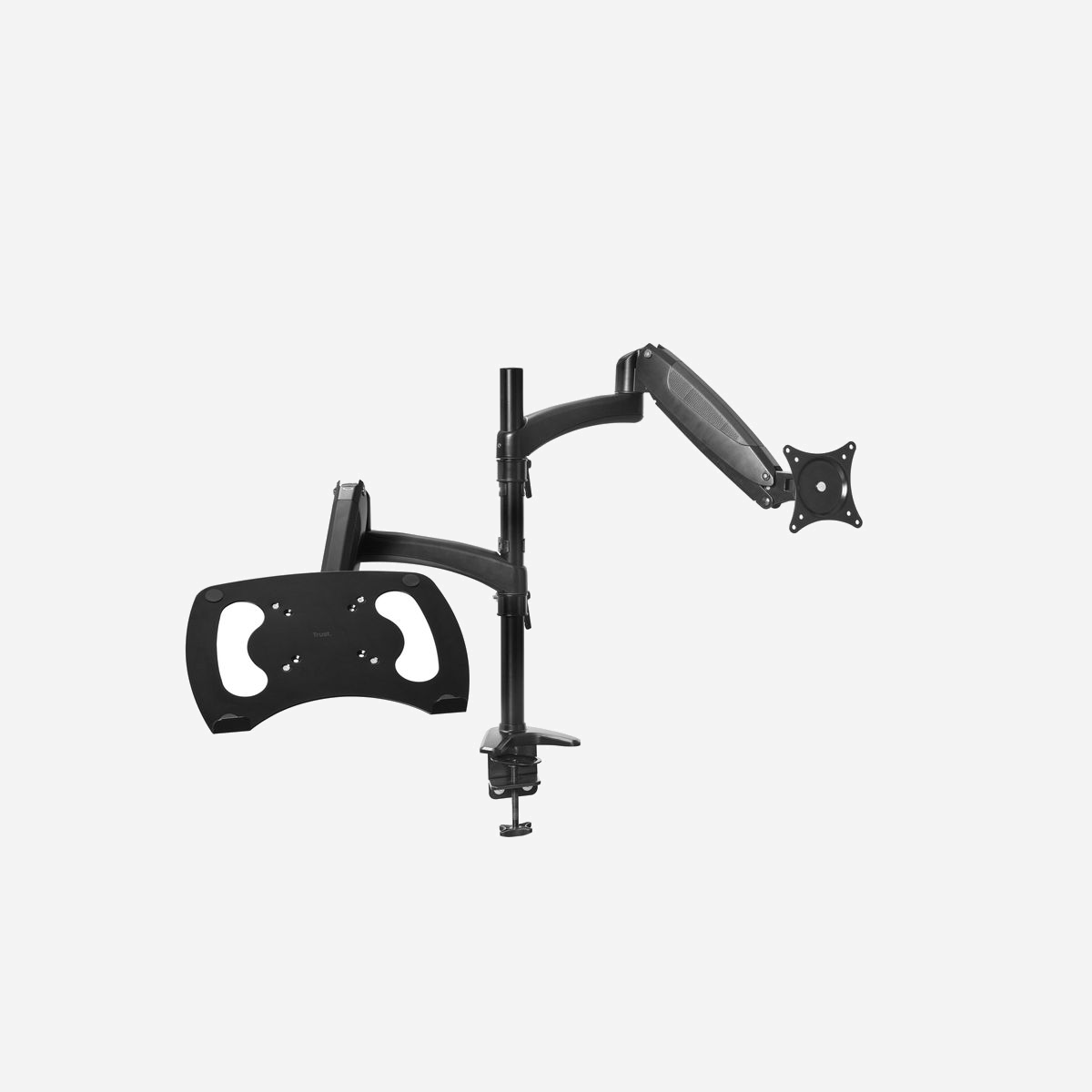 Support Bureau Trust Mara Double Écran 32" ou Écran + Laptop 17", Charge Max 16kg (8kg/écran), VESA 75x75/100x100mm, Ajustable Hauteur/Inclinaison/Pivot, Noir - <b>La souplesse sans limites</b><br>Profitez d'une souplesse de travail inégalée avec le bras pour moniteur Mara. Vous offrant la possibilité de travailler assis et debout, ce bras ergonomique pour un moniteur et un ordinateur portable transforme votre bureau en un bureau ajustable en hauteur, et vous fait profiter de tous les avantages d'un tel système.<br><br><b>Double emploi</b><br>Pourquoi choisir entre un ordinateur portable et un moniteur, si vous pouvez avoir les deux ? Adapté à deux moniteurs jusqu'à 32” ou à un moniteur et un ordinateur portable jusqu'à 17”, il vous permet de choisir la configuration qui vous convient le mieux et de profiter d'une productivité accrue. <br><br><b>Opto ergo</b><br>De taille unique, le Mara répond avec précision à vos souhaits. Personnalisez la hauteur, la profondeur, l'angle de rotation et de pivotement pour trouver la position ergonomique optimale. C'est le style de travail confortable dont vous rêvez !