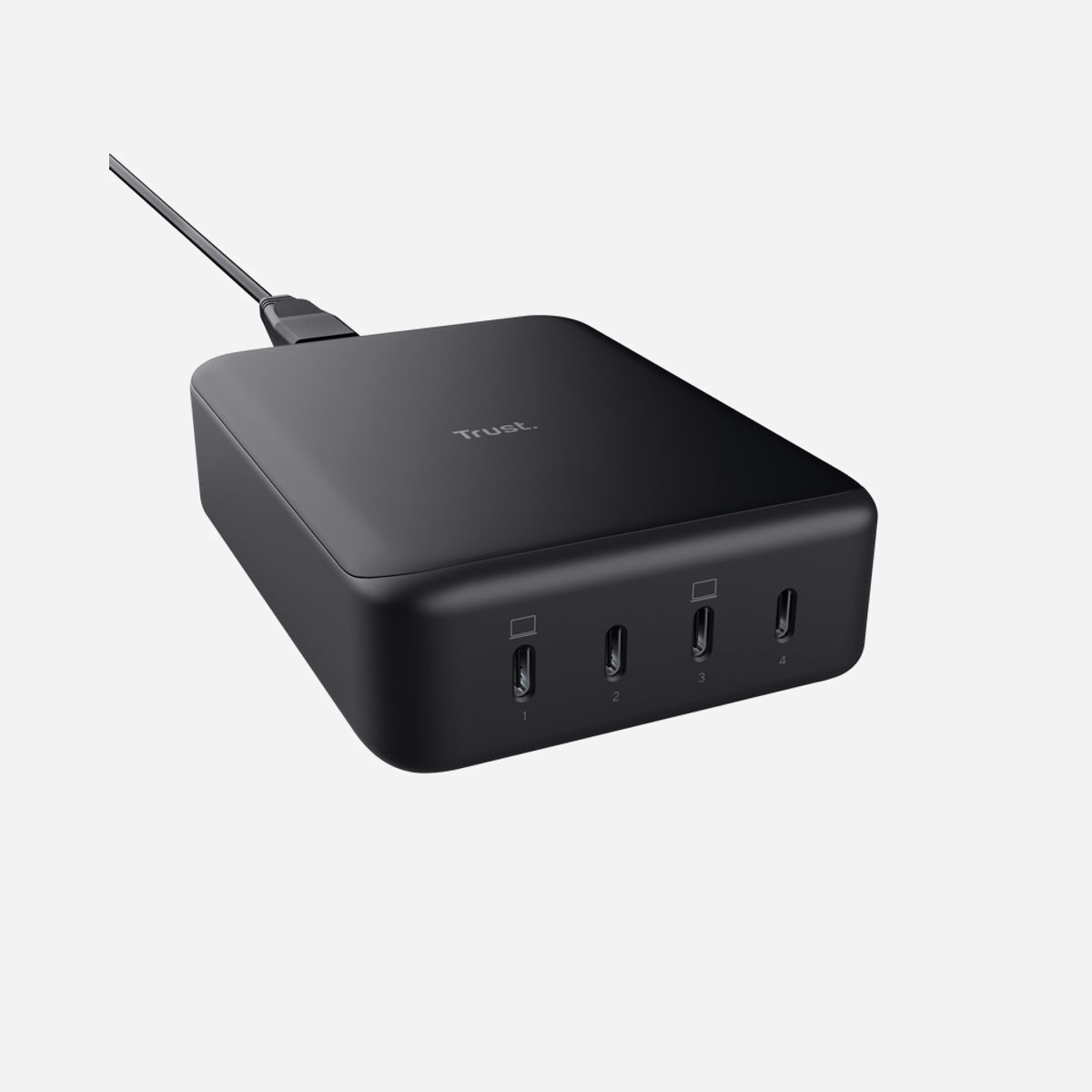 Trust Chargeur Secteur 240W GaN 4 Ports USB-C Power Delivery 3.0 & PPS, protections surcharge/surchauffe/court-circuit, câble 1m, noir, 88x122x35mm - Puissant chargeur de bureau GaN 4 ports USB-C de 240 W, pour tout charger dans votre bureau à domicile ou votre studio.<br><br>
