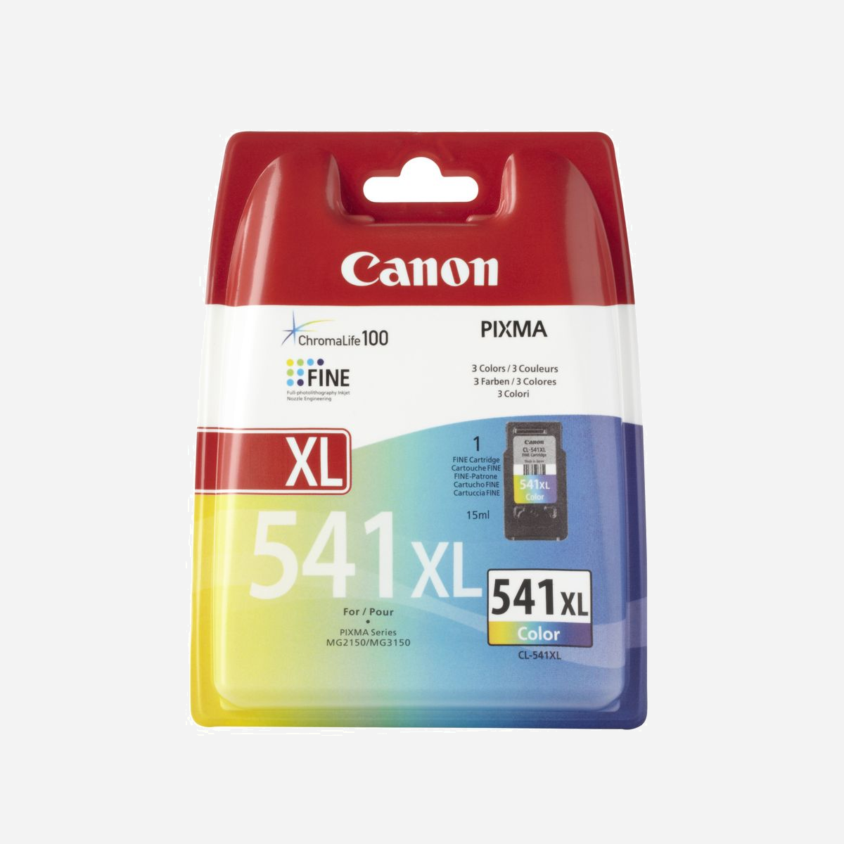 Cartouche d'encre Canon CL-541 XL Original (Cyan, Magenta, Jaune) 15ml, Jet d'encre, Pigment, Rendement 400 pages, Compatible PIXMA MG3250 etc. - Cette encre couleur à haut rendement vous permet d'effectuer un nombre d'impressions 2,2 fois supérieur à celui de ses équivalents standard. Le réservoir d'encre à trois couleurs et le système ChromaLife100 assurent l'impression de vos documents et photos couleur. La cartouche d'encre couleur de 15 ml vous permet d'imprimer jusqu'à 400 pages de documents A4.<br>Les cartouches d'origine Canon Tout-en-Un garantissent une qualité d'impression supérieure. Elles contiennent tous les éléments essentiels pour l'impression au cycle de vie défini. Ainsi, lorsque vous remplacez votre cartouche Tout-en-Un, votre machine est comme neuve.<br><br><b>Assurance qualité</b><br>Avec les cartouches Canon d'origine, vous avez l'assurance que chaque cartouche offrira des performances exceptionnelles. Il est possible que les cartouches rechargées n'assurent pas une qualité d'impression égale à celle des nouvelles cartouches Canon, du fait que leurs composants internes soient partiellement ou complètement usés.<br><br>La fabrication et l'assemblage des cartouches de toner constituent une procédure complexe impliquant plusieurs centaines de processus. Canon a développé un système de production automatisé unique intégrant une technologie de pointe en vue de produire les cartouches haute qualité attendues de nos clients. <br><br><b>Évitez les lignes disgracieuses</b><br>Le tambour photosensible est l'un des composants d'imagerie les plus sensibles de l'imprimante. Grâce aux nouvelles cartouches Canon, le toner ne s'accumule pas sur le tambour et le rouleau de fixation. Cela prévient les lignes disgracieuses, le flou ou les arrière-plans gris, ainsi que tout dommage au niveau de votre imprimante. Le toner d'origine Canon garantit le bon fonctionnement du tambour, pour des impressions nettes et précises à chaque fois.<br><br><b>Un espace de travail plus propre</b><br>La technologie de chargement par rouleaux, exclusive de Canon, est garantie sans émission d'ozone. Cette technologie est propre et sans effet nocif pour la santé comme pour l'environnement. Elle assure un format plus compact des cartouches en limitant le nombre de pièces requises. En outre, tous les toners et toutes les cartouches Canon sont non toxiques. De fait, nos cartouches ne nécessitent aucun traitement spécifique.<br><br><b>Faciles à recycler</b><br>Il est possible de recycler les cartouches d'origine grâce au programme de recyclage Canon sans la moindre mise en décharge des déchets. Pour en savoir plus sur le programme ou pour demander un formulaire de retour gratuit, consultez notre page sur le recyclage des cartouches.
