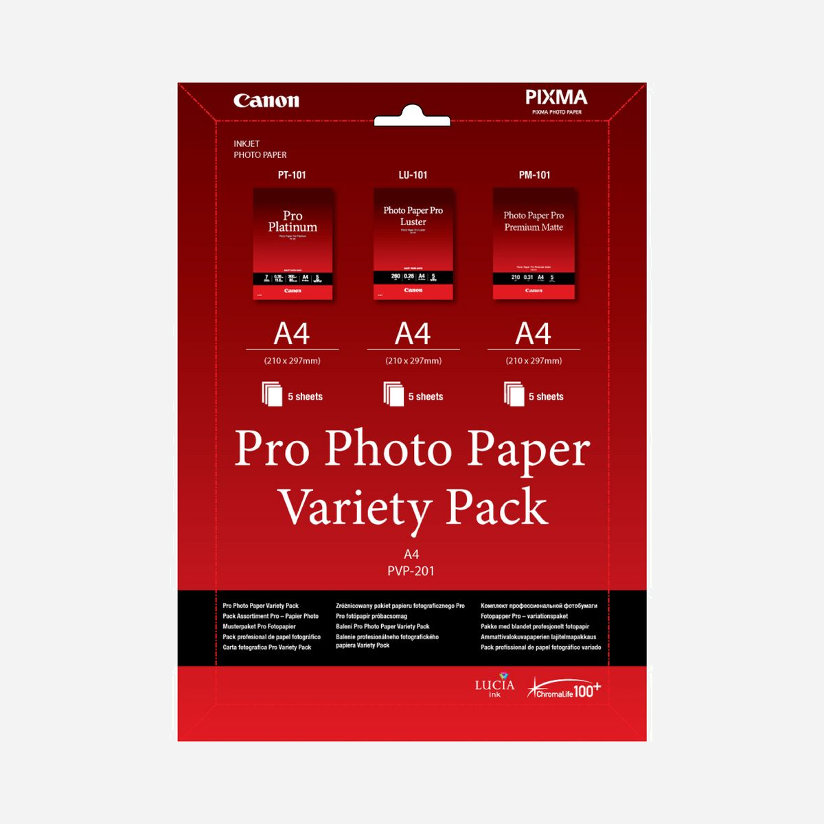 Canon Pack Variété Papier Photo A4 Pro PVP-201, 15 Feuilles (Pro Platinum, Pro Lustre, Pro Premium Mat), Jet d'encre/Laser, 210 x 297mm, PIXMA et imagePROGRAF compatibles - Ce pack variété de papier photo Pro offre un parfait éventail de choix en matière de taille et de finition du papier pour l’impression jet d’encre avec les imprimantes Canon PIXMA. Utilisez Pro Platinum pour une finition ultra-brillante optimale, des couleurs vibrantes et une excellente résistance aux reflets, Pro Lustre pour des couleurs et tons noir et blanc époustouflants et Pro Premium Mat pour les photographies en couleur et noir et blanc ainsi que pour les reproductions d’art où les couleurs chaudes et les tons délicats sont recherchés.