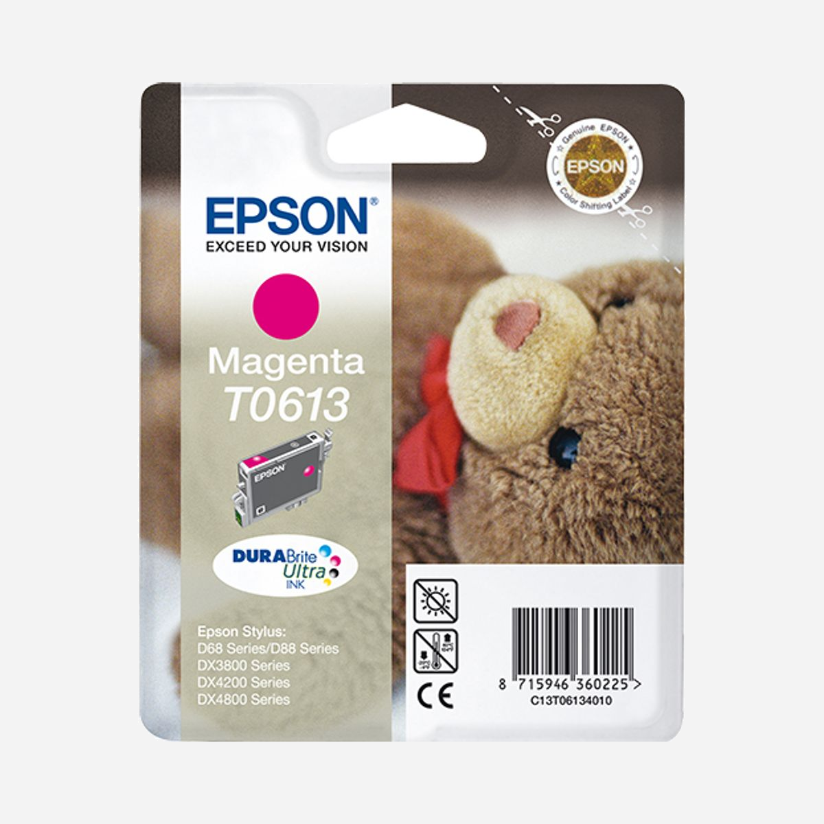 Cartouche d'encre Epson C13T06134010 Magenta 8ml DURABrite Ultra Ink - Jet d'encre à Pigments pour Stylus D68, D88, DX3800 et séries - Peu importe ce que vous imprimez : avec l’encre Epson DURABrite Ultra Ink, vous obtenez des résultats remarquables sur pratiquement n’importe quel type de papier.<br><br>Grâce à l’encre pigmentée révolutionnaire, vous créez des impressions qui sont absolument résistantes à l’essuyage et à l’eau.<br><br>L’enduction de résine spéciale des pigments rend vos photos résistants à la lumière pendant des années : pour des souvenirs qui subsiste pendant toute une vie.