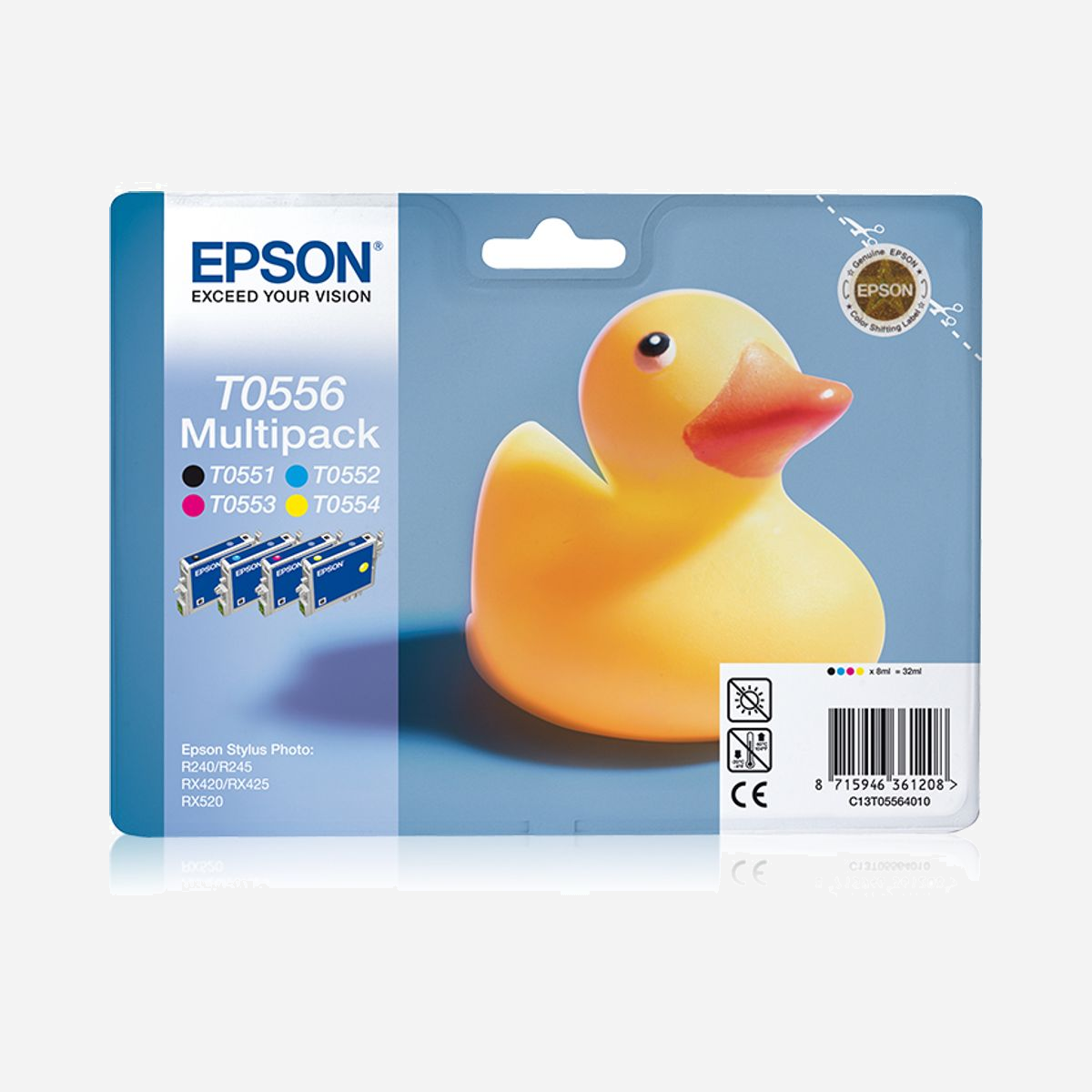 Epson Multipack Encres QuickDry T0556 (C13T05564010) : Noir 8ml + Couleur 3x8ml - Stylus Photo RX/R - Encre à Pigments - Les cartouches d´encre Epson d´origine sont adaptés de manière optimale à votre imprimante. Elles garantissent une haute fiabilité, une grande durabilité de vos impressions, et une impression sans problèmes pendant de longues années.