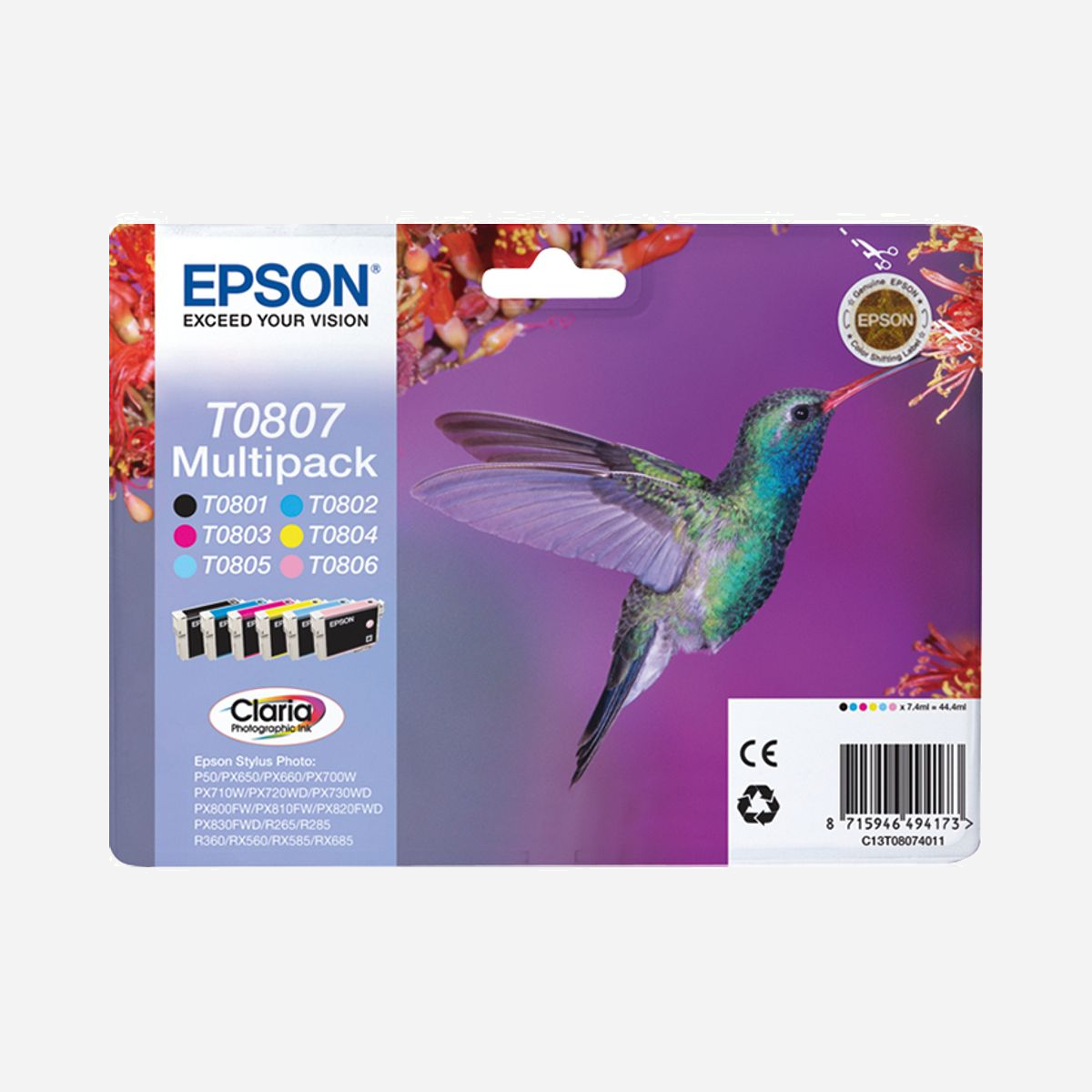 Multipack Epson Claria "Colibri" T0807 (C13T08074011) : 6 cartouches jet d'encre (N,C,M,J,Cc,Mc) pour Stylus Photo (voir compatibilité) - <b>Réalisez des économies grâce aux cartouches d’encre séparées</b><br>Les cartouches d’encre séparées Epson vous permettent de réaliser encore plus d’économies en ne remplaçant que la couleur épuisée.<br><br><b>Les encres Epson sont optimisées pour les imprimantes Epson</b> <br>Les encres et les papiers Epson ont été développés pour fonctionner parfaitement avec les imprimantes Epson, afin de produire les meilleurs résultats maintes et maintes fois.