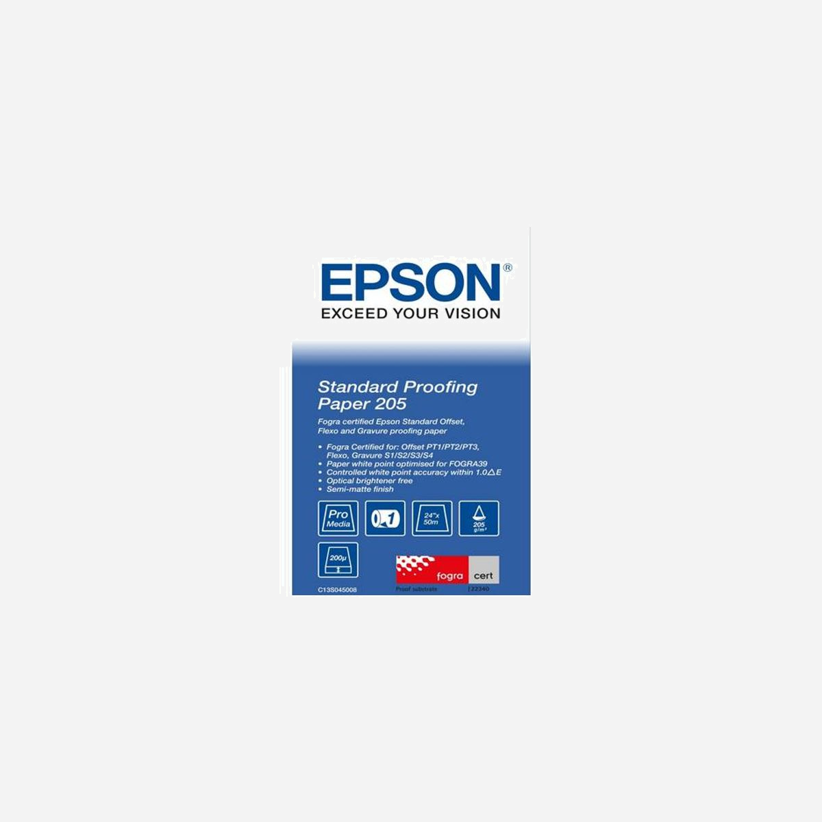Epson Papier d'Épreuvage Standard 205 g/m² Rouleau 61 cm x 50 m (24") FOGRA C13S045008, Finition Demi-Mat, Épaisseur 200µm - Compatibilité SureColor et Stylus Pro - Le papier d'épreuvage standard dispose de la certification Fogra39, qui doit devenir la norme européenne.