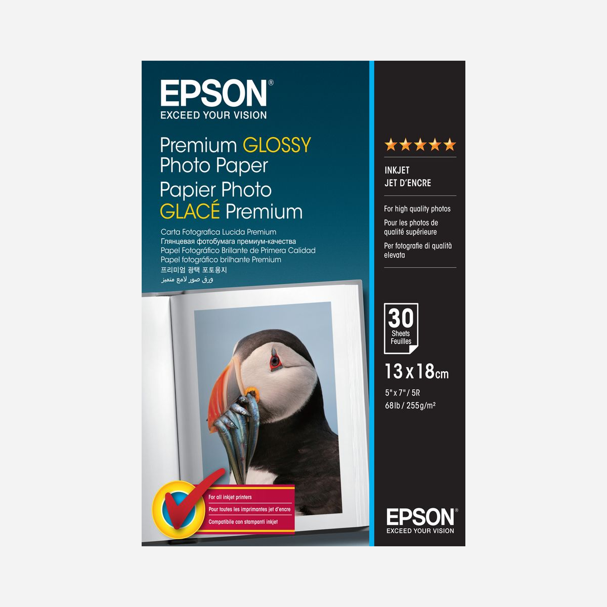 Epson Papier Photo Glacé Premium C13S042154, 13x18cm, 255 g/m², Blanc, 30 Feuilles, Finition Brillant, Compatibilité SureColor et Expression - <b>Complétez le tableau</b> <br>Ne vous laissez pas tenter par des papiers photo de moindre qualité. Grâce à ce Papier Photo Glacé Premium, vos photos révèleront toute leur beauté. Paysages à couper le souffle, moments précieux partagés en famille : ce papier photo de qualité supérieure apportera la touche finale qui fait toute la différence. Non seulement il se distingue par son aspect, mais ce papier enduit de résine offre également une texture d’exception du fait de son grammage de 255 gsm.<br><br><b>Un partenariat de choix</b><br>Obtenez des photos résistantes au maculage et à l’eau, arborant des couleurs éclatantes aux tonalités sublimes et un niveau de détail inouï lorsque vous associez les papiers et les encres d’Epson. Ce papier a été spécialement mis au point pour être utilisé avec la gamme d’encres et d’imprimantes d’Epson, afin d’obtenir une qualité optimale. Vos souvenirs restent intacts grâce à une restitution fidèle des couleurs avec des gradations fluides, des teints de peau naturels, entre autres.<br><br><b>Des photos faites pour durer</b><br>Les photos peuvent saisir un moment fugace, mais sachez que ces papiers sont conçus et testés pour s’inscrire dans la durée lorsqu’ils sont utilisés avec les imprimantes et les encres d’Epson. <br><br><b>Une excellente qualité, quelle que soit l’imprimante</b><br>Nos papiers donnent également des résultats remarquables avec les imprimantes et les encres d’autres fabricants. Chacun peut ainsi profiter de l’expertise d’Epson.