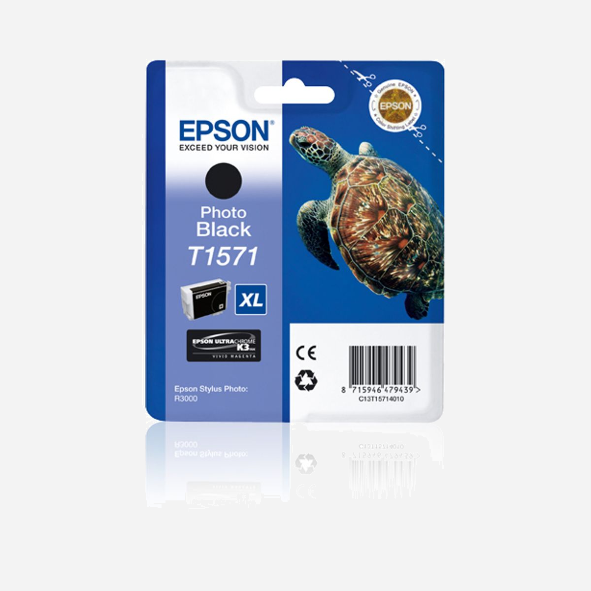 Cartouche Jet d'Encre Photo Noire Epson C13T15714010 (UC K3 VM N) - 25.9ml, Encre à Colorant, Stylus Photo R3000, Original, Conditionnement Blister - Epson Turtle Cartouche "Tortue" - Encre UC K3 VM N. Type d’encre de couleur: Encre à colorant, Volume d'encre noire: 25,9 ml, Couleurs d'impression: Photo noire, Quantité: 1 pièce(s)