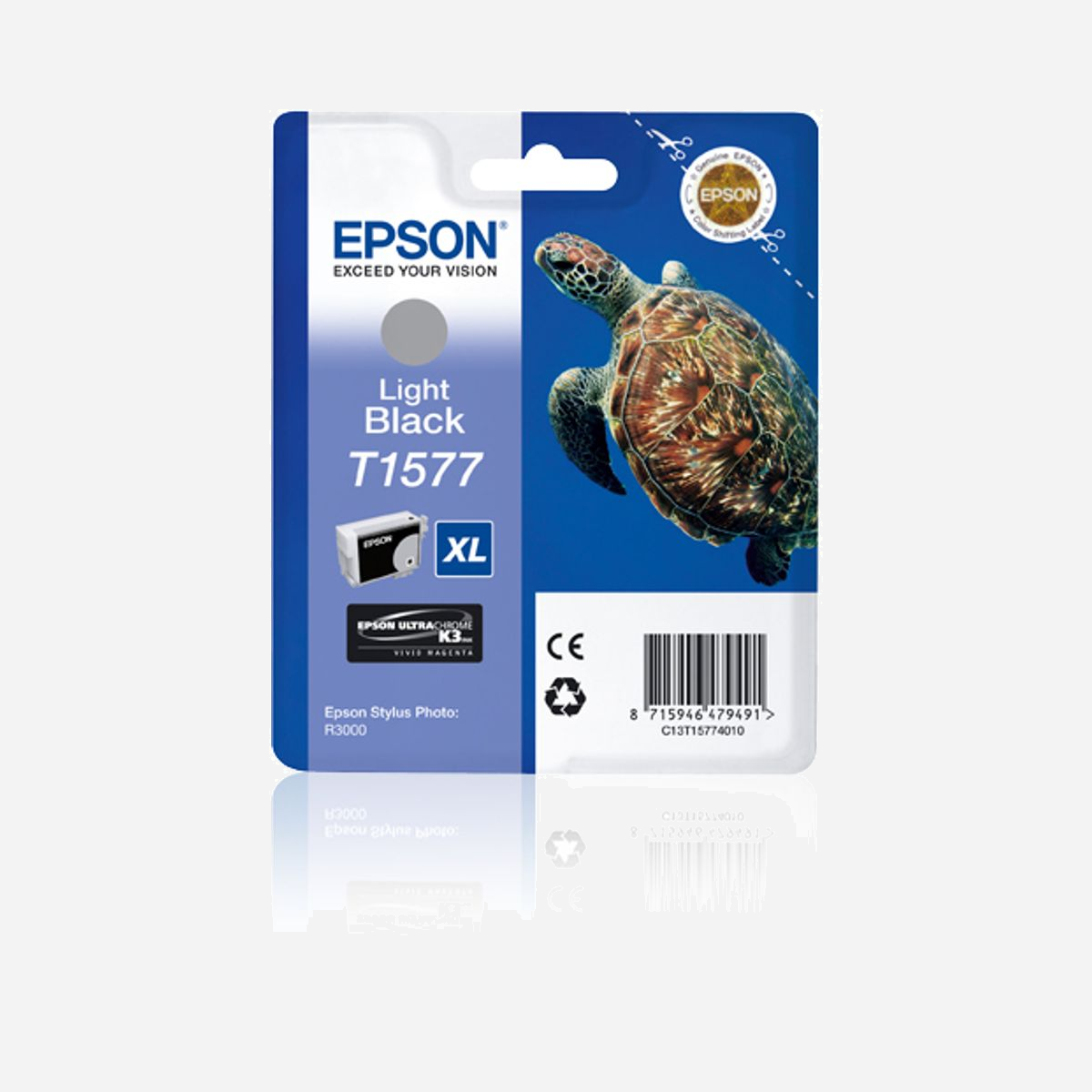 Epson Cartouche Encre Noir Pâle C13T15774010, Type "Tortue", Encre à Pigments UC K3 VM G, 25.9ml, XL, Rendement 23000 Pages, Stylus Photo R3000 - Epson Turtle Cartouche "Tortue" - Encre UC K3 VM G. Type d’encre de couleur: Encre à pigments, Type de cartouche d'encre: Rendement élevé (XL), Volume d'encre noire: 25,9 ml, Couleurs d'impression: Noir pâle, Quantité: 1 pièce(s), Rendement par page de l'encre noire: 23000 pages