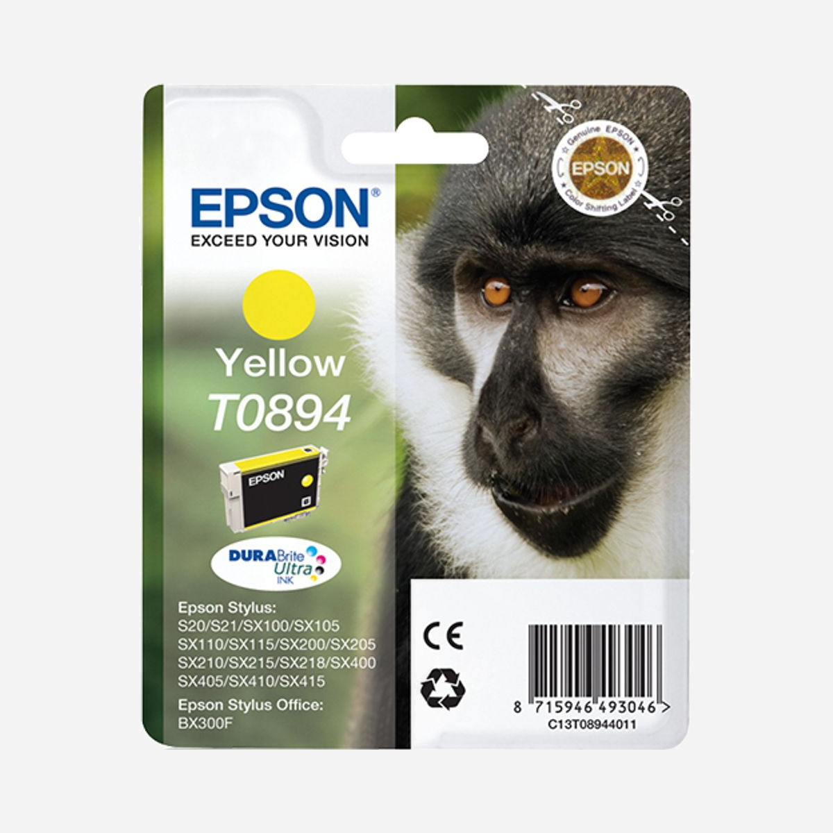 Epson C13T08944011 : Cartouche d'encre jaune DURABrite Ultra J, 3.5ml, encre à pigments, pour Stylus SX series (liste complète dans la description) - Epson Monkey Cartouche "Singe" - Encre DURABrite Ultra J. Type d’encre de couleur: Encre à pigments, Volume d'encre de couleur: 3,5 ml, Couleurs d'impression: Jaune, Quantité: 1 pièce(s)