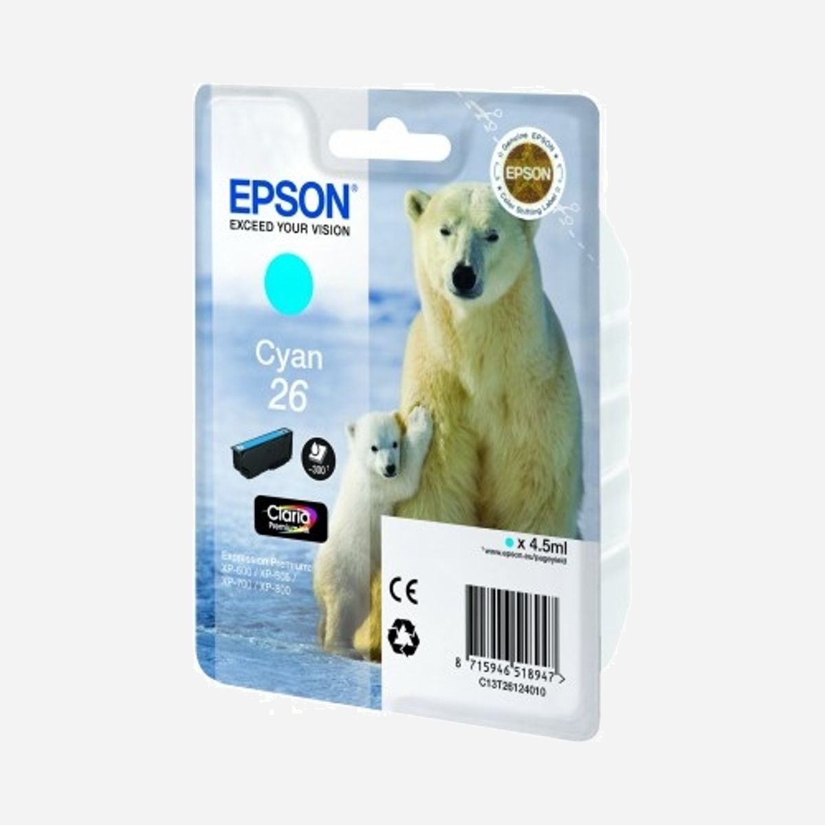 Epson Cartouche Cyan C13T26124010 Claria Premium Ink "Ours Polaire" - Compatible XP-600/605/700/800 - Original - Dimensions 141.8x24x112mm - L’encre Epson Claria Premium Ink est idéale pour les familles dynamiques qui souhaitent conjuguer qualité d’impression pour leurs documents et rendu brillant pour des photos exceptionnelles.<br><br>Vos plus beaux souvenirs seront conservés pendant de nombreuses générations : les photos imprimées avec l’encre Claria Premium Ink pourront rester intactes jusqu’à 300 ans dans un album photo1.<br><br><b>Réalisez jusqu’à 30 % d’économies sur l’encre2 grâce aux cartouches d’encre séparées Epson</b> <br>Grâce aux cartouches d’encre séparées Epson, en ne remplaçant que la couleur épuisée, vous réalisez jusqu’à 30 % d’économies sur l’encre2 par rapport aux cartouches monobloc trois couleurs concurrentes.<br><br><b>Réduisez vos coûts d’impression avec les cartouches d’encre haute capacité</b><br>Epson propose le choix entre cartouches d’encre standard ou haute capacité dans ses gammes d’encre les plus récentes. Les encres XL sont parfaites si vous imprimez d’importants volumes et peuvent réduire vos coûts d’impression de 25 %3.<br><br><b>Les encres Epson sont optimisées pour les imprimantes Epson</b><br>Les encres et les papiers Epson ont été développés pour fonctionner parfaitement avec les imprimantes Epson, afin de produire les meilleurs résultats maintes et maintes fois.