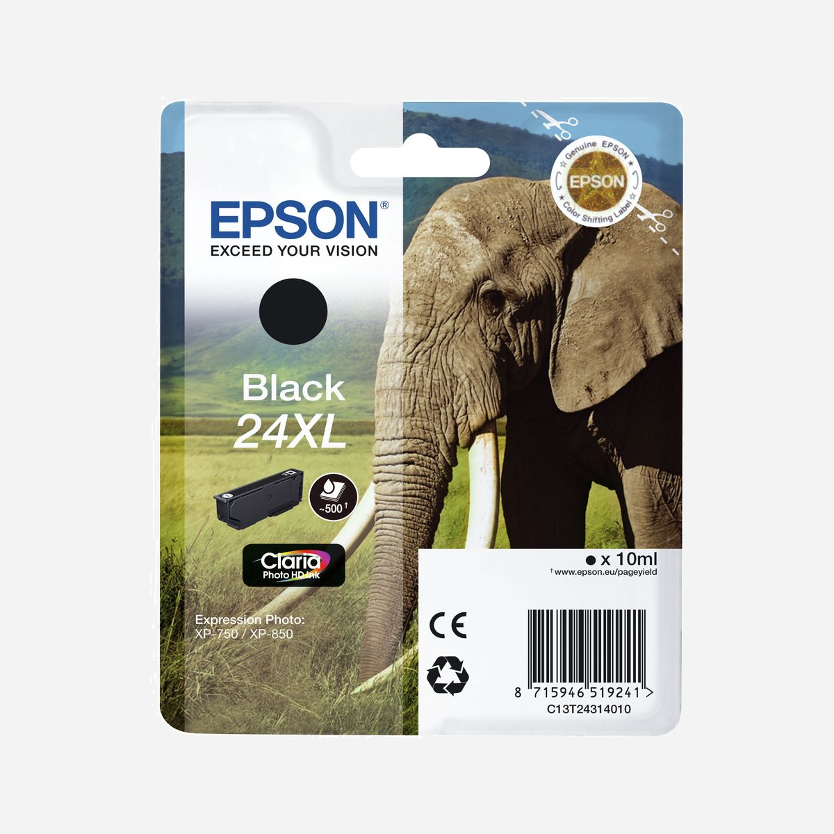 Epson Eléphant C13T24314020 : Cartouche Encre Noire Pigmentée Claria Photo HD N (XL) pour XP-750/XP-850 - 141.8x24x112mm - Fabriquée en Chine - Conçue pour vos plus belles photos