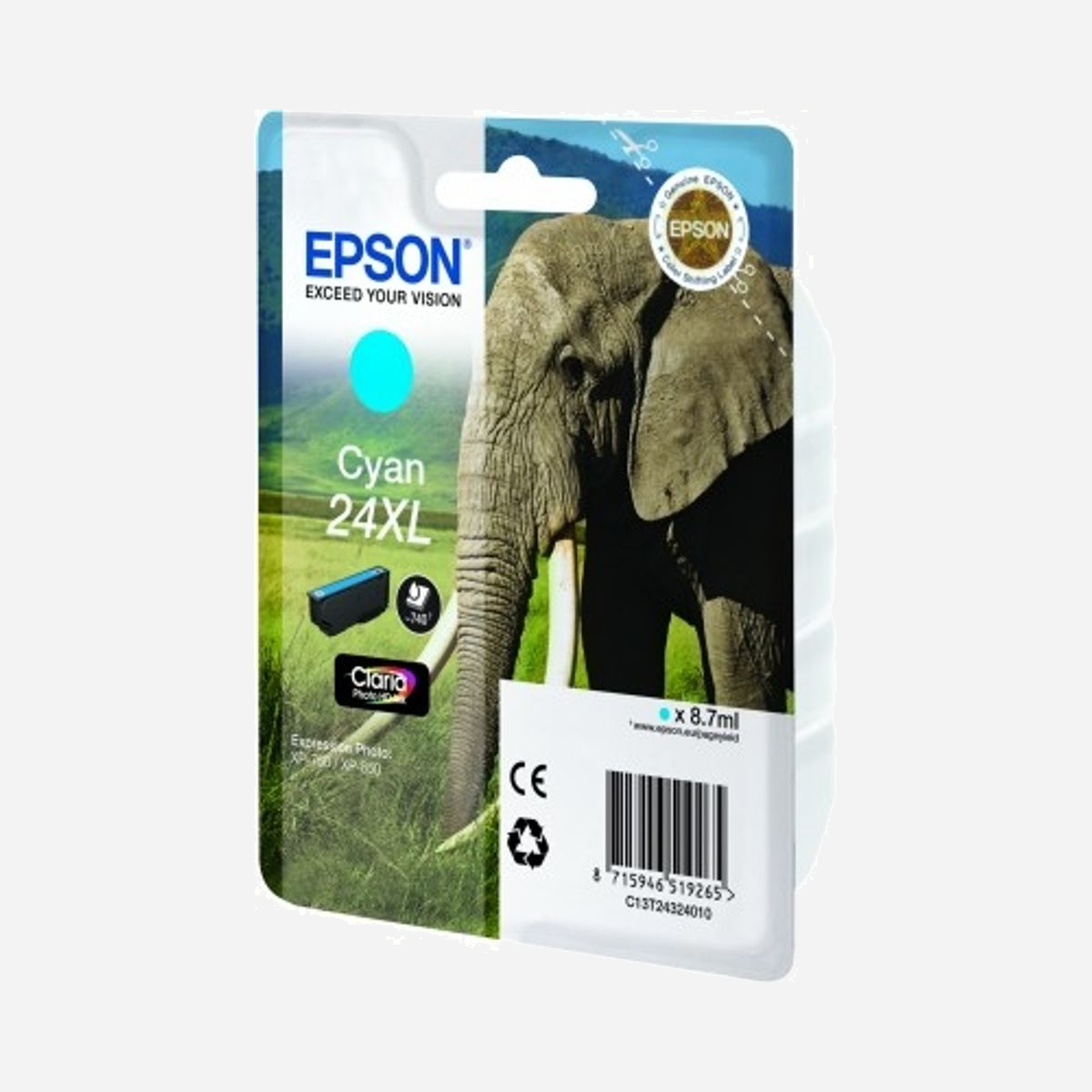 Epson Cartouche Encre Cyan Claria Photo HD (XL) T24324010 pour XP-750/XP-850, 41g, Original, Dimensions 141.8x24x112mm - L’encre Claria Photo HD Ink est idéale pour les amateurs de photographie qui souhaitent produire et exposer des photos brillantes de haute qualité. C’est le partenaire idéal des photographes amateurs utilisateurs d’appareils photo Reflex et compacts numériques, à la recherche des meilleurs résultats d’impression.<br><br>Les encres Claria Photo HD offrent des dégradés subtils, des noirs plus naturels et profonds, des images détaillées et très contrastées et une reproduction naturelle des couleurs chair. Vos plus beaux souvenirs seront conservés pendant des générations : les photos imprimées avec l’encre Claria Photo HD Ink resteront intactes pendant au moins 300 ans dans un album photo1.<br><b><br>Réduisez vos coûts d’impression avec les cartouches d’encre haute capacité </b><br>Epson propose le choix entre cartouches d’encre standard ou haute capacité dans ses gammes d’encre les plus récentes. Les encres XL sont parfaites si vous imprimez d’importants volumes et peuvent réduire vos coûts d’impression de 25 %2.<br><b><br>Les encres Epson sont optimisées pour les imprimantes Epson</b> <br>Les encres et les papiers Epson ont été développés pour fonctionner parfaitement avec les imprimantes Epson, afin de produire les meilleurs résultats maintes et maintes fois.
