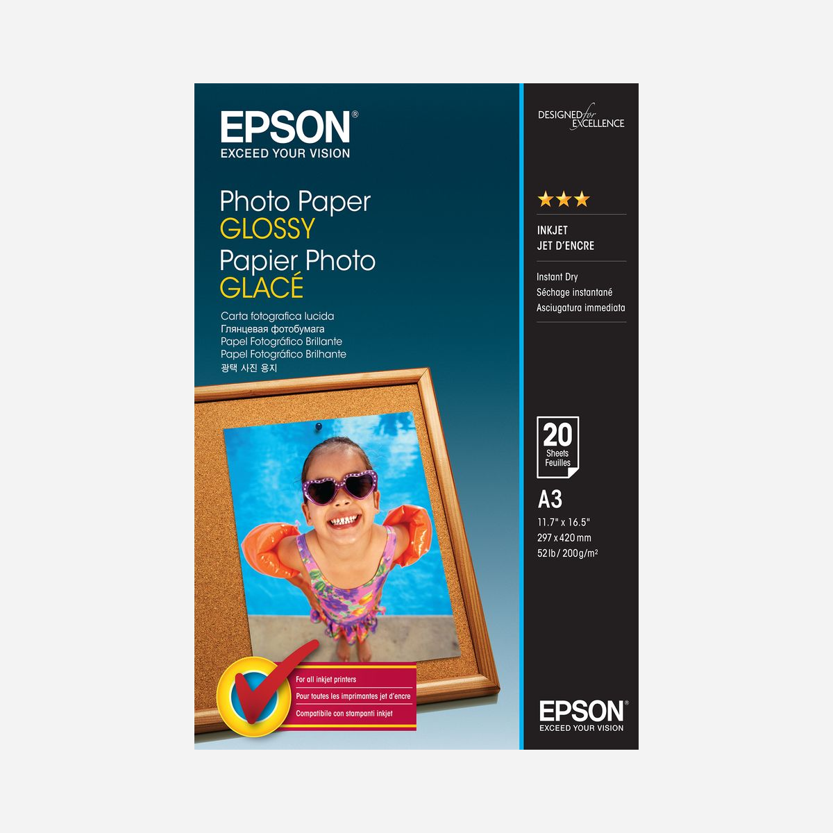Epson Papier Photo Glossy A3 20 feuilles - 200 g/m² - Finition Gloss - Compatibilité imprimantes Epson Stylus Photo et SureColor - C13S042536 - <b>Des photos magnifiques à un prix abordable</b><br>Que diriez-vous d’utiliser un papier photo d’une qualité irréprochable sans avoir à vous préoccuper de son coût ? Bénéficiez de ces deux avantages grâce à ce papier de 200 gsm enduit de résine. C’est le garant de résultats remarquables pour un coût étonnamment peu élevé. De plus, vous pouvez imprimer vos photos à la demande, à votre convenance. Donnez vie à vos photos et partagez-les avec vos proches grâce à ce papier photo glacé à prix abordable. <br><br><b>L’impression, synonyme de partenariat</b><br>Profitez de couleurs éclatantes, de tonalités sublimes et d’un niveau de détail inouï lorsque vous associez les papiers et les encres d’Epson. Ce papier a été spécialement mis au point pour être utilisé avec la gamme d’encres et d’imprimantes d’Epson, afin d’obtenir une qualité optimale. Vos souvenirs restent intacts grâce à une restitution fidèle des couleurs avec des gradations fluides, des teints de peau naturels, entre autres.<br><br><b>Une excellente qualité, quelle que soit l’imprimante</b><br>Nos papiers donnent également des résultats remarquables avec les imprimantes et les encres d’autres fabricants. Chacun peut ainsi profiter de l’expertise d’Epson.