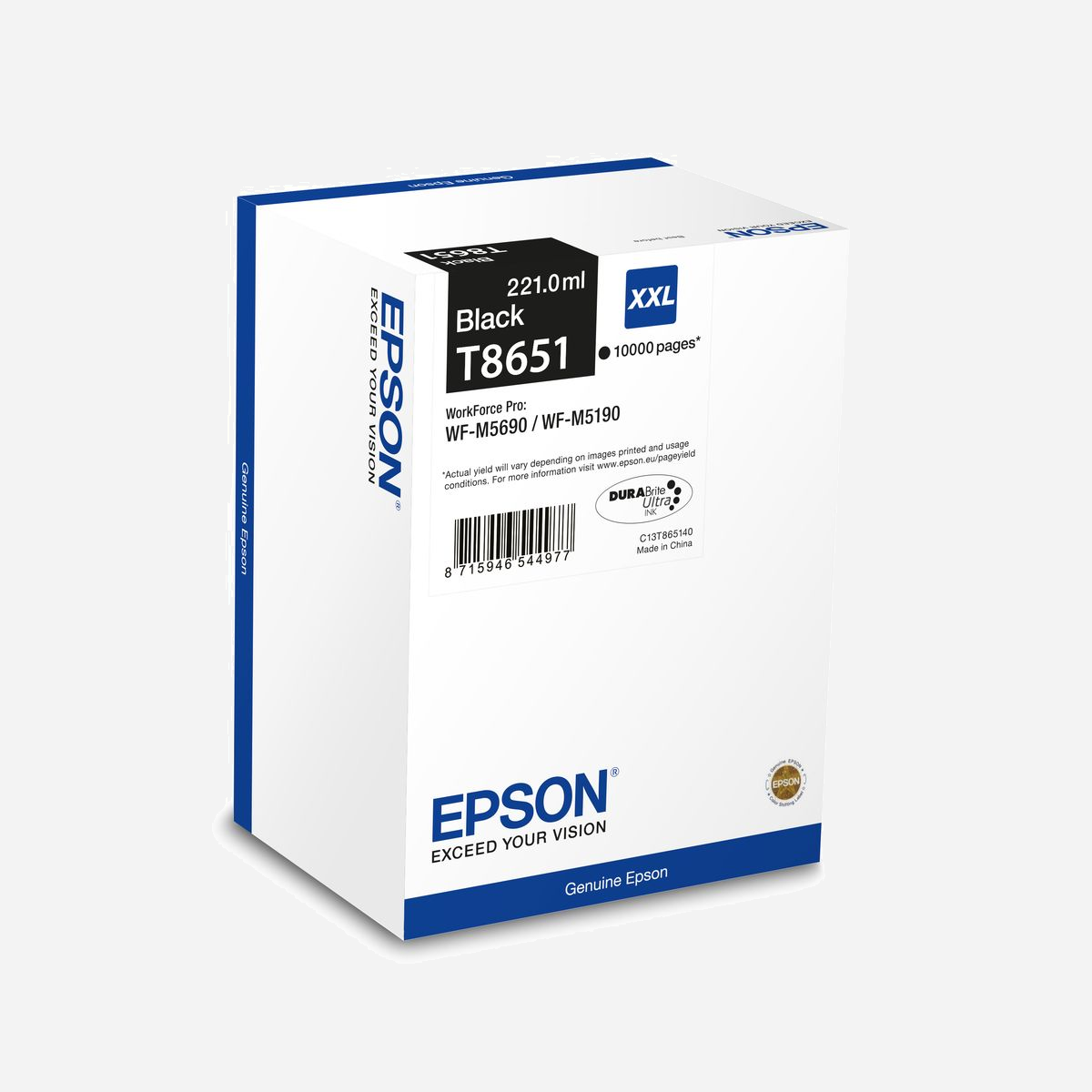 Epson C13T865140 : Cartouche d'encre noire à pigments, 221ml, rendement 10000 pages, pour WorkForce Pro WF-M5xxx series. - Epson Encre Noire (10 000 p). Type de cartouche d'encre: Rendement extra (super) élevé, Type d’encre noire: Encre à pigments, Volume d'encre noire: 221 ml, Couleurs d'impression: Noir, Quantité: 1 pièce(s), Rendement par page de l'encre noire: 10000 pages