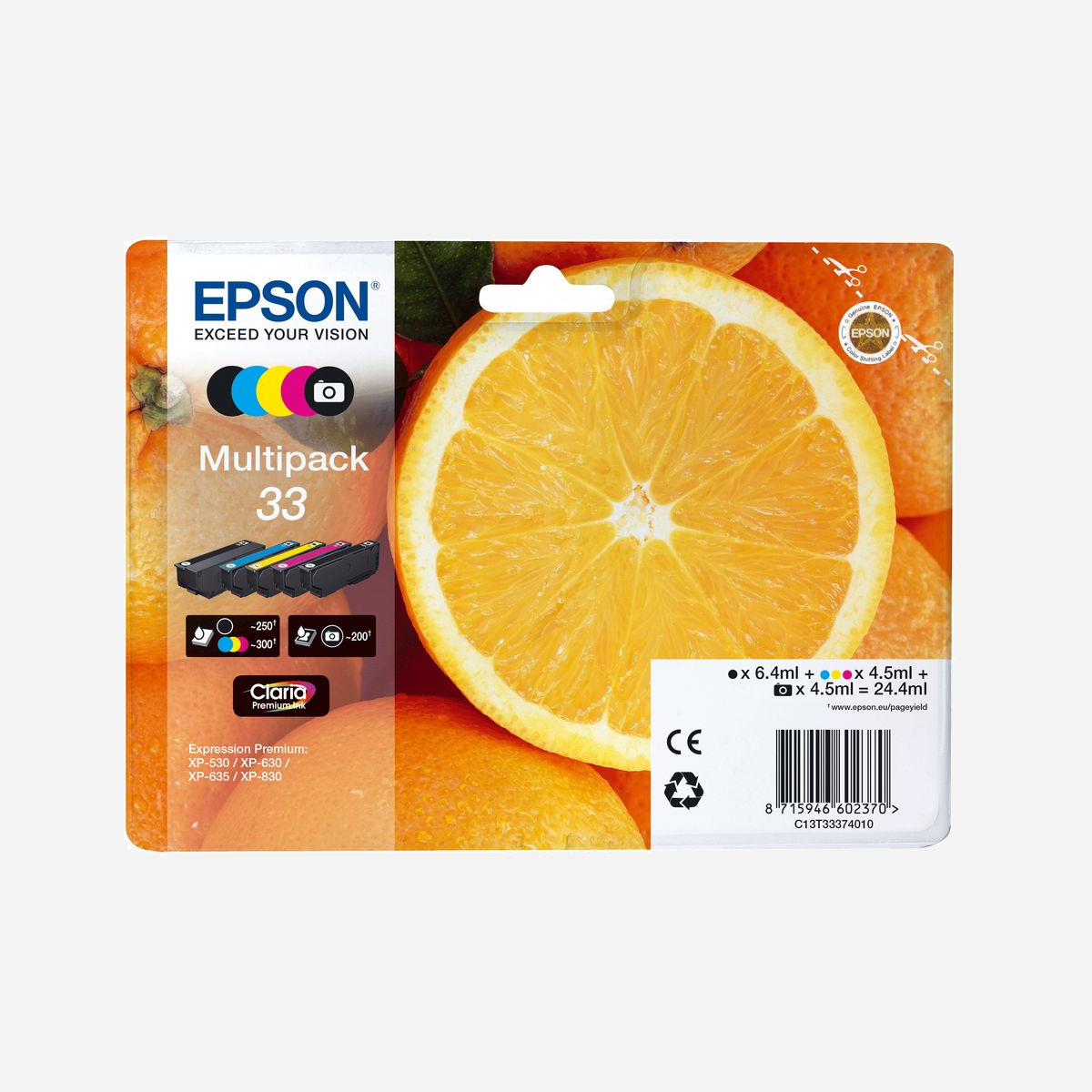Epson Multipack Oranges 33 Claria Premium Ink 5 Couleurs, 2 Noir Pigmenté 6.4ml + 3 Couleur(s) Dye 4.5ml, pour Expression Premium XP-530 à XP-900 - <b>Réalisez jusqu’à 30 % d’économies sur l’encre</b>2 <b>grâce aux cartouches d’encre séparées Epson</b> <br>Grâce aux cartouches d’encre séparées Epson, en ne remplaçant que la couleur épuisée, vous réalisez jusqu’à 30 % d’économies sur l’encre2 par rapport aux cartouches monobloc trois couleurs concurrentes.<br><br><b>Réduisez vos coûts d’impression avec les cartouches d’encre haute capacité</b><br>Epson propose le choix entre cartouches d’encre standard ou haute capacité dans ses gammes d’encre les plus récentes. Les encres XL sont parfaites si vous imprimez d’importants volumes et peuvent réduire vos coûts d’impression de 25 %3.<br><br><b>Les encres Epson sont optimisées pour les imprimantes Epson</b><br>Les encres et les papiers Epson ont été développés pour fonctionner parfaitement avec les imprimantes Epson, afin de produire les meilleurs résultats maintes et maintes fois.