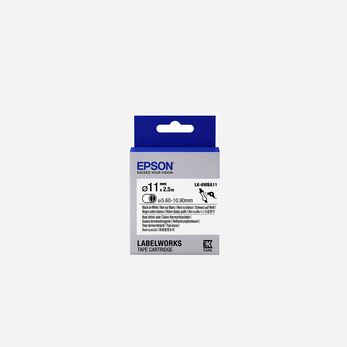 Epson LK-6WBA11 Thermorétrécissable 11mm x 2.5m Noir sur Blanc, Compatible LabelWorks LW-1000P/400/300/600P/700/900P, Normes MIL/SAE/UL - • Méthode de marquage de câble la plus rapide<br>• Résistant aux flammes, compatible aux normes MIL, SAE et UL<br>• Isolation des câbles conforme aux normes ASTM et UL<br>• Résistance aux chocs thermiques conforme aux normes SEA et UL<br>• Grâce au ruban continu, les utilisateurs prennent la longueur exacte de ruban dont ils ont besoin<br>• Couverture étendue des diamètres de câblage : de ⌀ 1,07mm à ⌀ 20 mm<br>• Les étiquettes Epson sont conçues pour durer<br>• Les rubans de 2,5 mètres de long offrent un excellent rapport qualité/prix