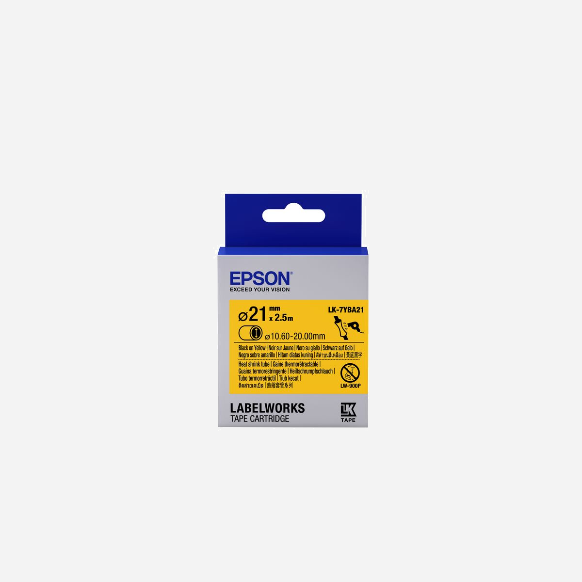 Epson LK-7YBA21 Ruban Thermorétrécissant Noir/Jaune Diamètre 21mm x 2.5m pour LabelWorks (LW-1000P, LW-300, LW-400, LW-600P, LW-700) - • Méthode de marquage de câble la plus rapide<br>• Résistant aux flammes, compatible aux normes MIL, SAE et UL<br>• Isolation des câbles conforme aux normes ASTM et UL<br>• Résistance aux chocs thermiques conforme aux normes SEA et UL<br>• Grâce au ruban continu, les utilisateurs prennent la longueur exacte de ruban dont ils ont besoin<br>• Couverture étendue des diamètres de câblage : de ⌀ 1,07mm à ⌀ 20 mm<br>• Les étiquettes Epson sont conçues pour durer<br>• Les rubans de 2,5 mètres de long offrent un excellent rapport qualité/prix
