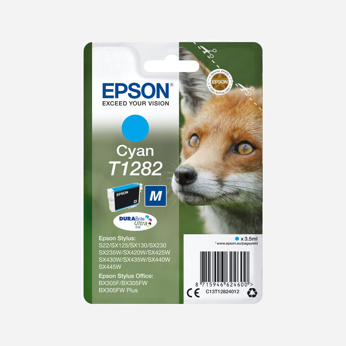 Epson Cartouche Cyan C13T12824012 DURABrite Ultra - 3.5ml, 260 pages, Jet d'encre, Stylus SX445W/SX440W/SX435W/SX420W/SX235W/SX130/SX125/S22/BX305FW - <b>Réalisez des économies grâce aux cartouches d’encre séparées</b><br>Les cartouches d’encre séparées Epson vous permettent de réaliser encore plus d’économies en ne remplaçant que la couleur épuisée.<br><br><b>Les encres Epson sont optimisées pour les imprimantes Epson</b> <br>Les encres et les papiers Epson ont été développés pour fonctionner parfaitement avec les imprimantes Epson, afin de produire les meilleurs résultats maintes et maintes fois.