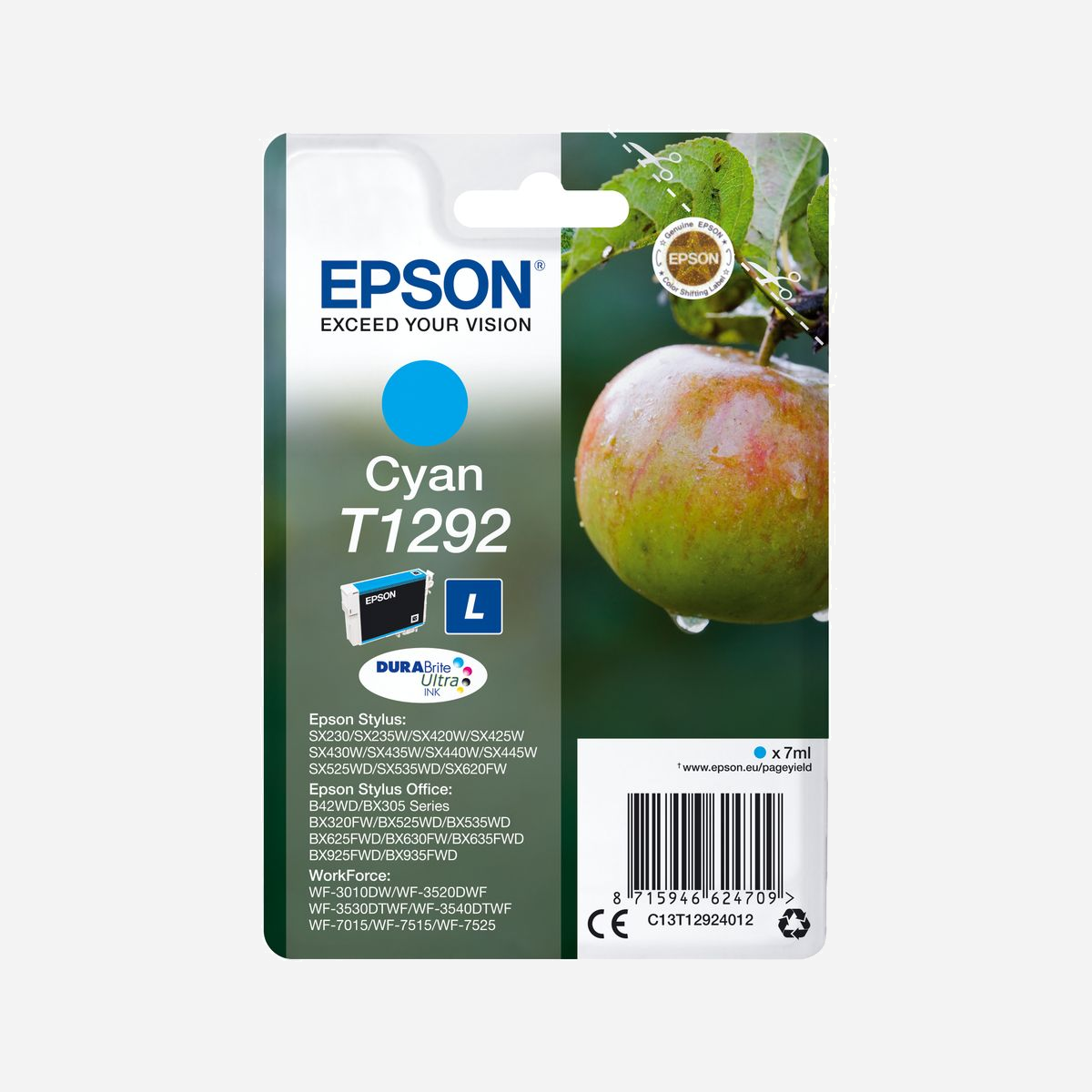 Cartouche d'encre Cyan Epson C13T12924022 - DURABrite Ultra - 7ml - Jet d'encre - Compatibilité WorkForce/Stylus - Code OEM - Conditionnement Blister - <b>Faites des économies avec les cartouches d’encre séparées</b><br>Les cartouches d’encre séparées Epson vous permettent de réaliser encore plus d’économies en ne remplaçant que la couleur épuisée.<br><b>Multipacks pratiques et économiques</b> <br>Epson propose également des multipacks d’encre. Ces options sont pratiques et permettent d’économiser par rapport à l’achat de cartouches d’encre séparées.<br><b>Les encres Epson sont optimisées pour les imprimantes Epson</b> <br>Les encres Epson ont été développées pour fonctionner parfaitement avec les imprimantes Epson afin de fournir des images éclatantes et des impressions texte précises et résistantes au maculage, qui traverseront des générations. Les encres d’origine Epson sont produites selon des normes strictes et de haute qualité qui permettent à Epson de garantir les performances optimales de l’imprimante, des encres et des supports.