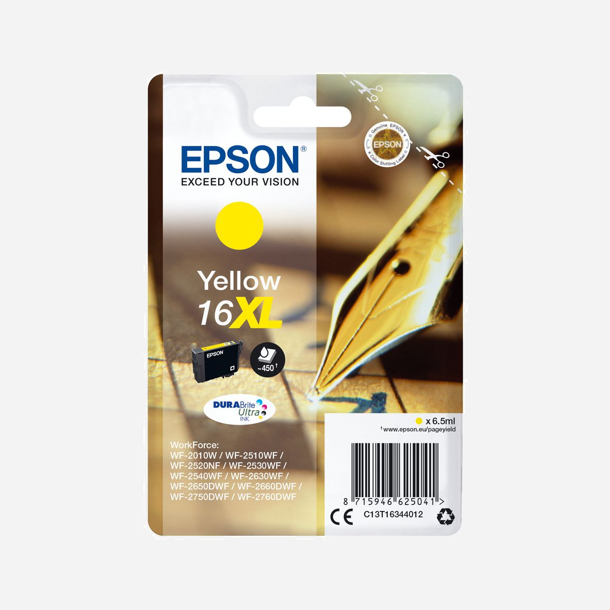 Cartouche Epson 16XL Jaune C13T16344022, Encre DURABrite Ultra, 6.5ml, Rendement 450 Pages, Jet d'Encre Pigmentaire, WorkForce Compatible - <b>Économisez jusqu’à 30 % d’encre</b>1<b>grâce aux cartouches d’encre séparées Epson</b><br>Grâce aux cartouches d’encre séparées Epson, en ne remplaçant que la couleur épuisée, vous réalisez jusqu’à 30 % d’économies sur l’encre1 par rapport aux cartouches monobloc trois couleurs concurrentes.<br><br><b>Réduisez vos coûts d’impression avec les cartouches d’encre haute capacité</b><br>Epson propose le choix entre cartouches d’encre standard ou haute capacité dans ses gammes d’encre les plus récentes. Les encres XL sont parfaites si vous imprimez d’importants volumes et peuvent réduire vos coûts d’impression de 25 %2.<br><br><b>Les encres Epson sont optimisées pour les imprimantes Epson</b><br>Les encres et les papiers Epson ont été développés pour fonctionner parfaitement avec les imprimantes Epson, afin de produire les meilleurs résultats maintes et maintes fois.