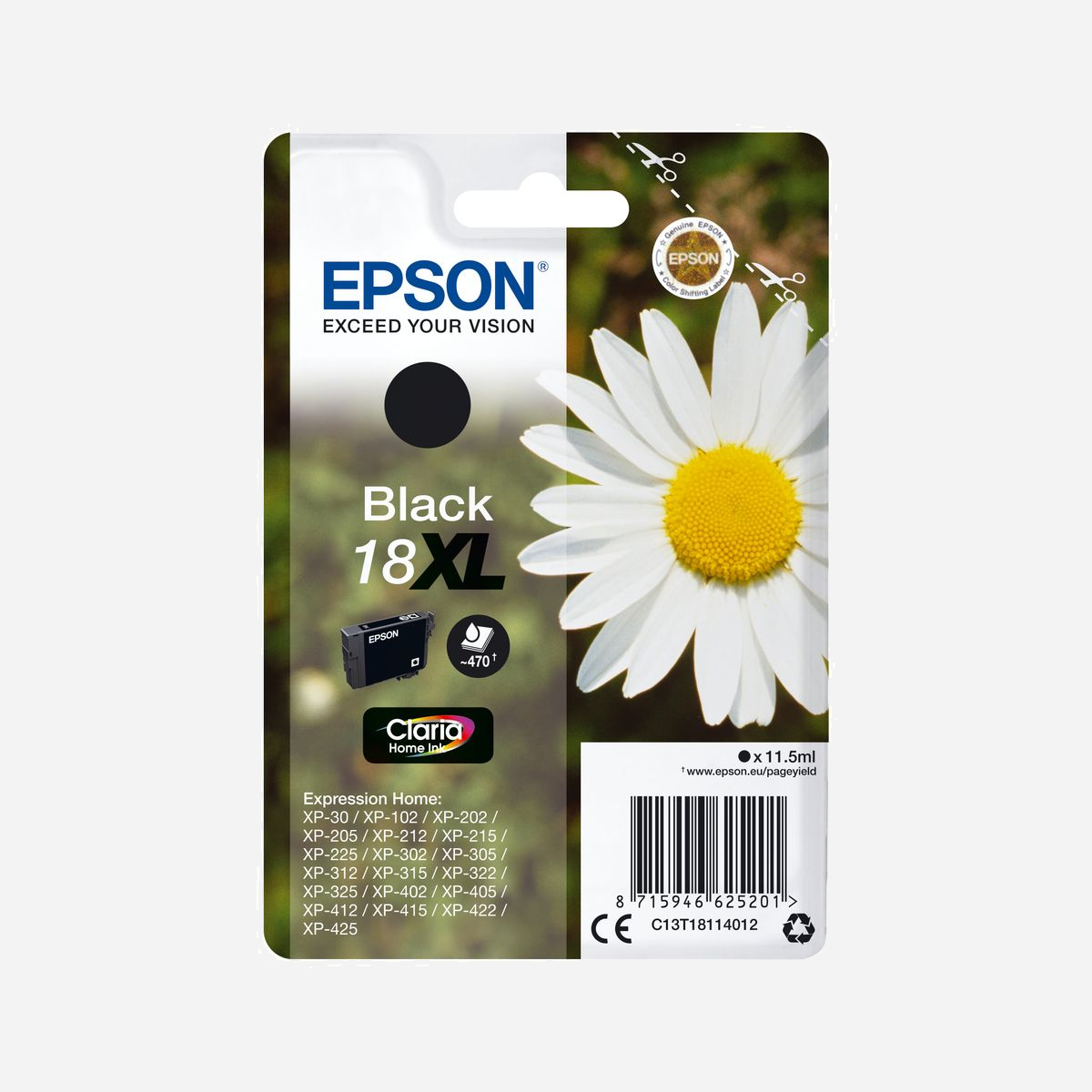 Epson Cartouche 18XL Noir C13T18114012 - Encre Pigmentée Claria Home N - 11.5ml - Rendement 470 Pages - Compatibilité Epson Expression Home XP Series - <b>Réalisez jusqu’à 30 % d’économies sur l’encre</b>1 <b>grâce aux cartouches d’encre séparées Epson</b><br>Avec les cartouches d’encre séparées Epson, en ne remplaçant que la couleur épuisée, vous réalisez jusqu’à 30 % d’économies sur l’encre1 par rapport aux cartouches monobloc trois couleurs concurrentes.<br><br><b>Réduisez vos coûts d’impression avec les cartouches d’encre haute capacité</b><br>Epson propose le choix entre cartouches d’encre standard ou haute capacité dans ses gammes d’encre les plus récentes. Les encres XL sont parfaites si vous imprimez d’importants volumes et peuvent réduire vos coûts d’impression de 25 %2.<br><br><b>Les encres Epson sont optimisées pour les imprimantes Epson</b><br>Les encres et les papiers Epson ont été développés pour fonctionner parfaitement avec les imprimantes Epson, afin de produire les meilleurs résultats maintes et maintes fois.