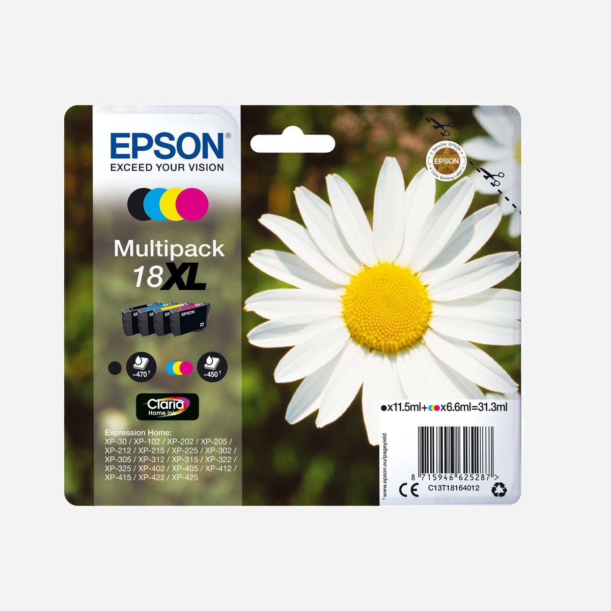 Epson 18XL Multipack "Pâquerette" (C13T18164012) : Encre Claria Home, Noir 11.5ml (470 pages), Couleur 3x6.6ml (450 pages/couleur). Compatible Expression Home. - <b>Réalisez jusqu’à 30 % d’économies sur l’encre</b>1 <b>grâce aux cartouches d’encre séparées Epson</b><br>Avec les cartouches d’encre séparées Epson, en ne remplaçant que la couleur épuisée, vous réalisez jusqu’à 30 % d’économies sur l’encre1 par rapport aux cartouches monobloc trois couleurs concurrentes.<br><br><b>Réduisez vos coûts d’impression avec les cartouches d’encre haute capacité</b><br>Epson propose le choix entre cartouches d’encre standard ou haute capacité dans ses gammes d’encre les plus récentes. Les encres XL sont parfaites si vous imprimez d’importants volumes et peuvent réduire vos coûts d’impression de 25 %2.<br><br><b>Les encres Epson sont optimisées pour les imprimantes Epson</b><br>Les encres et les papiers Epson ont été développés pour fonctionner parfaitement avec les imprimantes Epson, afin de produire les meilleurs résultats maintes et maintes fois.