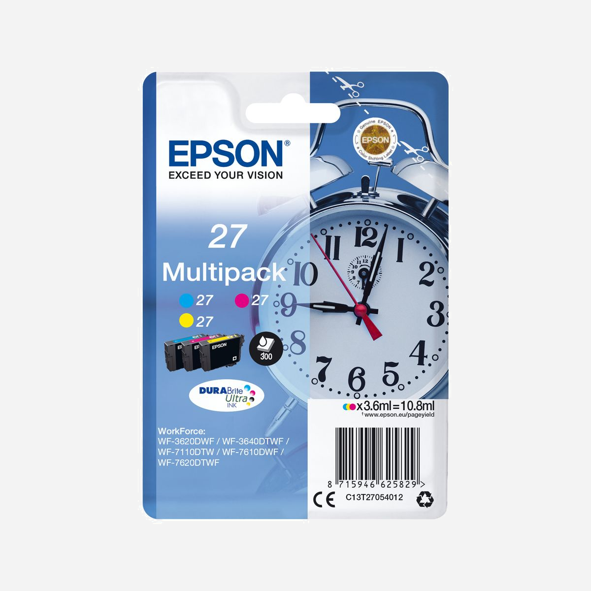 Epson Multipack 27 DURABrite Ultra Ink C,M,J (C13T27054012) - 3 Cartouches Couleur Standard 3,6ml, Rendement 300 Pages - WorkForce WF-7xxx - <b>Réduisez vos coûts d’impression avec les cartouches d’encre très haute capacité</b><br>Les encres DURABrite Ultra Ink sont disponibles en taille standard et haute capacité, avec l’autonomie en nombre de pages clairement indiquée sur chaque emballage.<br><br>Epson propose le choix entre cartouches d’encre standard ou haute capacité dans ses gammes d’encre les plus récentes. Les encres XL sont parfaites si vous imprimez d’importants volumes et peuvent réduire vos coûts d’impression de 25 %1. Imprimez même jusqu’à 2 200 pages2 avec la cartouche d’encre noire XXL.<br><br><b>Réalisez des économies grâce aux cartouches d’encre séparées</b><br>Les cartouches d’encre séparées Epson vous permettent de réaliser encore plus d’économies en ne remplaçant que la couleur épuisée.<br><br><b>Les encres Epson sont optimisées pour les imprimantes Epson</b><br>Les encres et les papiers Epson ont été développés pour fonctionner parfaitement avec les imprimantes Epson, afin de produire les meilleurs résultats maintes et maintes fois.