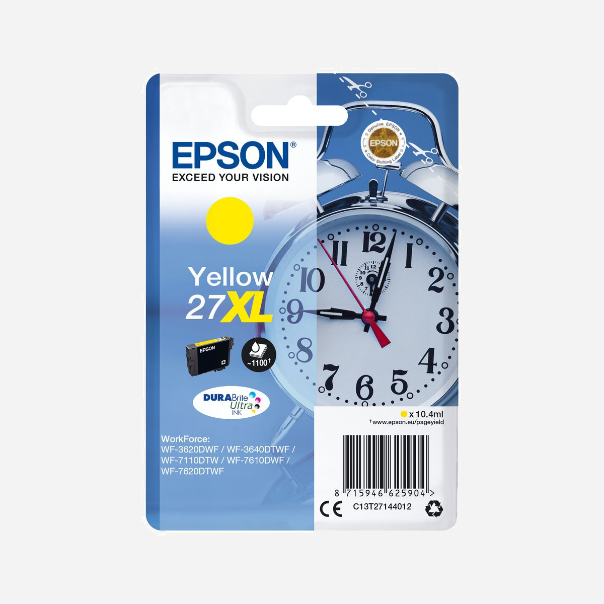 Epson Cartouche Jaune 27XL DURABrite Ultra Ink, Référence C13T27144022, 10.4ml, Rendement 1100 Pages, Jet d'Encre, WorkForce WF-7XXX - <b>Réduisez vos coûts d’impression avec les cartouches d’encre très haute capacité</b><br>Les encres DURABrite Ultra Ink sont disponibles en taille standard et haute capacité, avec l’autonomie en nombre de pages clairement indiquée sur chaque emballage.<br><br>Epson propose le choix entre cartouches d’encre standard ou haute capacité dans ses gammes d’encre les plus récentes. Les encres XL sont parfaites si vous imprimez d’importants volumes et peuvent réduire vos coûts d’impression de 25 %1. Imprimez même jusqu’à 2 200 pages2 avec la cartouche d’encre noire XXL.<br><br><b>Réalisez des économies grâce aux cartouches d’encre séparées</b><br>Les cartouches d’encre séparées Epson vous permettent de réaliser encore plus d’économies en ne remplaçant que la couleur épuisée.<br><br><b>Les encres Epson sont optimisées pour les imprimantes Epson</b><br>Les encres et les papiers Epson ont été développés pour fonctionner parfaitement avec les imprimantes Epson, afin de produire les meilleurs résultats maintes et maintes fois.