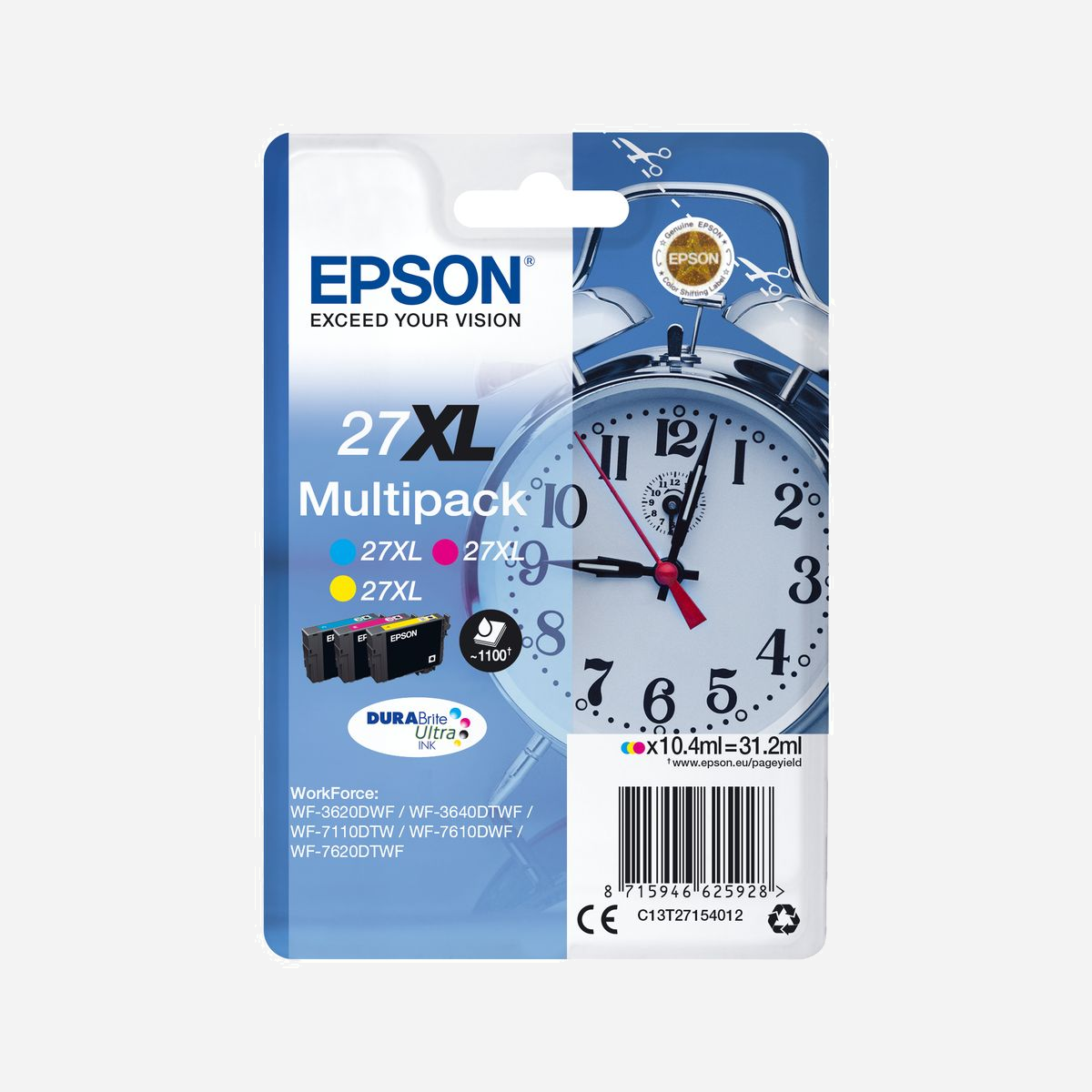 Epson 27XL Multipack C13T27154012 : 3 Cartouches Couleur DURABrite Ultra Ink - Cyan, Magenta, Jaune - 10.4ml/cartouche, Rendement 1100 pages - WorkForce WF-7xxx Series - <b>Réduisez vos coûts d’impression avec les cartouches d’encre très haute capacité</b><br>Les encres DURABrite Ultra Ink sont disponibles en taille standard et haute capacité, avec l’autonomie en nombre de pages clairement indiquée sur chaque emballage.<br><br>Epson propose le choix entre cartouches d’encre standard ou haute capacité dans ses gammes d’encre les plus récentes. Les encres XL sont parfaites si vous imprimez d’importants volumes et peuvent réduire vos coûts d’impression de 25 %1. Imprimez même jusqu’à 2 200 pages2 avec la cartouche d’encre noire XXL.<br><br><b>Réalisez des économies grâce aux cartouches d’encre séparées</b><br>Les cartouches d’encre séparées Epson vous permettent de réaliser encore plus d’économies en ne remplaçant que la couleur épuisée.<br><br><b>Les encres Epson sont optimisées pour les imprimantes Epson</b><br>Les encres et les papiers Epson ont été développés pour fonctionner parfaitement avec les imprimantes Epson, afin de produire les meilleurs résultats maintes et maintes fois.
