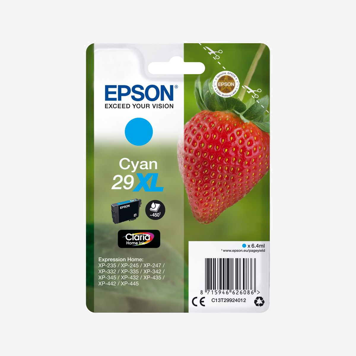 Epson Cartouche d'Encre Cyan 29XL (C13T29924022) Claria Home Ink - 6.4ml, Rendement 450 pages - Compatible Expression Home XP-235 à XP-455 - <b>Réalisez jusqu’à 30 % d’économies sur l’encre</b>1 <b>grâce aux cartouches d’encre séparées Epson</b><br>Avec les cartouches d’encre séparées Epson, en ne remplaçant que la couleur épuisée, vous réalisez jusqu’à 30 % d’économies sur l’encre1 par rapport aux cartouches monobloc trois couleurs concurrentes.<br><br><b>Réduisez vos coûts d’impression avec les cartouches d’encre haute capacité</b><br>Epson propose le choix entre cartouches d’encre standard ou haute capacité dans ses gammes d’encre les plus récentes. Les encres XL sont parfaites si vous imprimez d’importants volumes et peuvent réduire vos coûts d’impression de 25 %2<br><br><b>Les encres Epson sont optimisées pour les imprimantes Epson</b><br>Les encres et les papiers Epson ont été développés pour fonctionner parfaitement avec les imprimantes Epson, afin de produire les meilleurs résultats maintes et maintes fois.