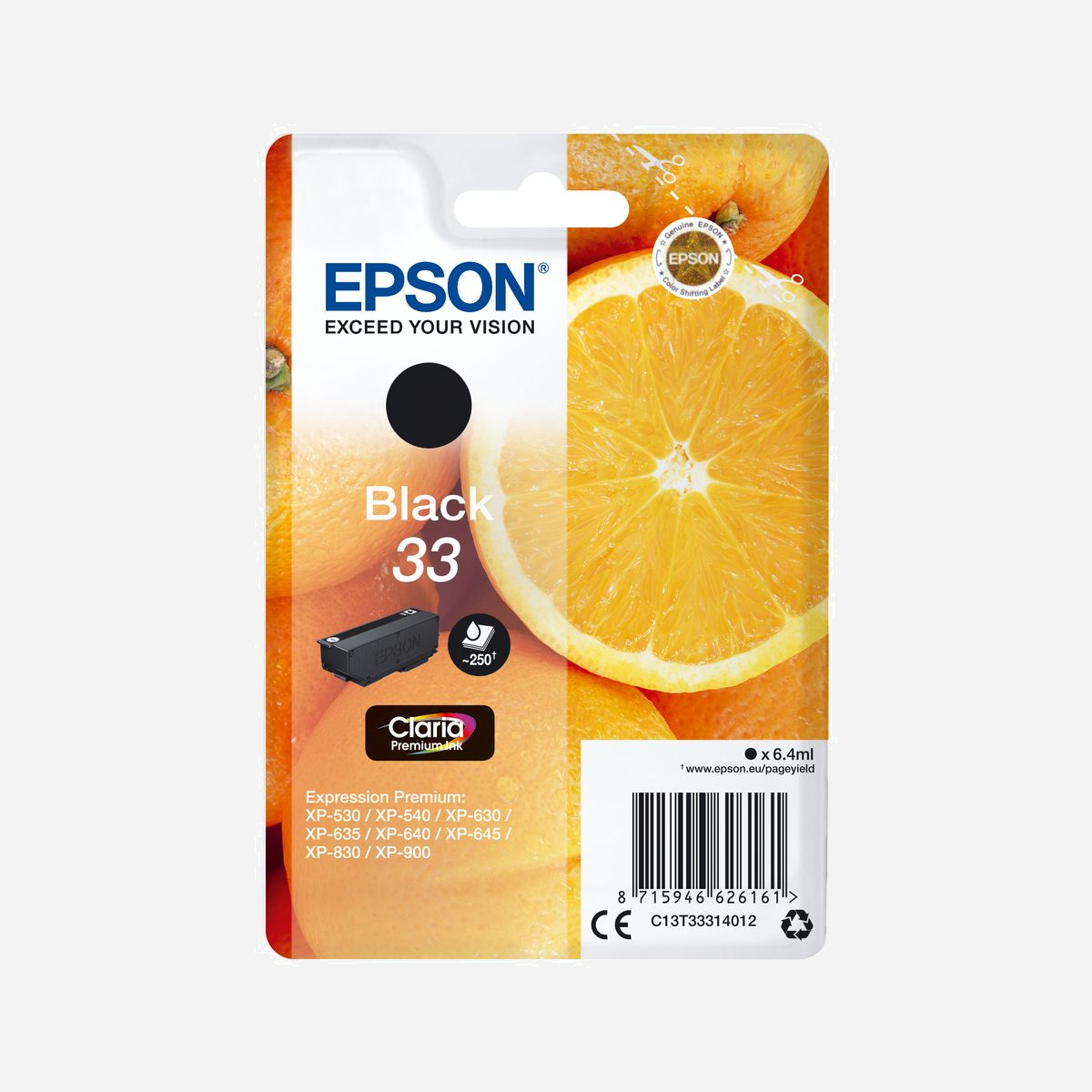 Epson Cartouche Encre Noire C13T33314022 - Claria Premium - Pigment - 6.4ml - 250 Pages - Expression Premium XP-530 à XP-900 - <b>Réalisez jusqu’à 30 % d’économies sur l’encre</b>2 <b>grâce aux cartouches d’encre séparées Epson</b> <br>Grâce aux cartouches d’encre séparées Epson, en ne remplaçant que la couleur épuisée, vous réalisez jusqu’à 30 % d’économies sur l’encre2 par rapport aux cartouches monobloc trois couleurs concurrentes.<br><br><b>Réduisez vos coûts d’impression avec les cartouches d’encre haute capacité</b><br>Epson propose le choix entre cartouches d’encre standard ou haute capacité dans ses gammes d’encre les plus récentes. Les encres XL sont parfaites si vous imprimez d’importants volumes et peuvent réduire vos coûts d’impression de 25 %3.<br><br><b>Les encres Epson sont optimisées pour les imprimantes Epson</b><br>Les encres et les papiers Epson ont été développés pour fonctionner parfaitement avec les imprimantes Epson, afin de produire les meilleurs résultats maintes et maintes fois.