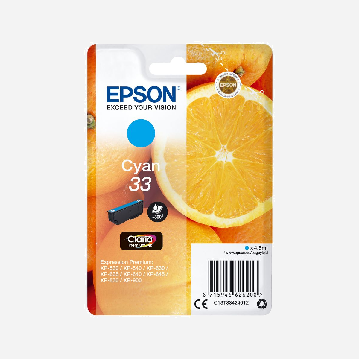 Cartouche d'encre Cyan Epson C13T33424012 Claria Premium, 4.5ml, Rendement 300 pages, pour Expression Premium XP-530/540/630/635/640/645/830/900 - <b>Réalisez jusqu’à 30 % d’économies sur l’encre</b>2 <b>grâce aux cartouches d’encre séparées Epson</b> <br>Grâce aux cartouches d’encre séparées Epson, en ne remplaçant que la couleur épuisée, vous réalisez jusqu’à 30 % d’économies sur l’encre2 par rapport aux cartouches monobloc trois couleurs concurrentes.<br><br><b>Réduisez vos coûts d’impression avec les cartouches d’encre haute capacité</b><br>Epson propose le choix entre cartouches d’encre standard ou haute capacité dans ses gammes d’encre les plus récentes. Les encres XL sont parfaites si vous imprimez d’importants volumes et peuvent réduire vos coûts d’impression de 25 %3.<br><br><b>Les encres Epson sont optimisées pour les imprimantes Epson</b><br>Les encres et les papiers Epson ont été développés pour fonctionner parfaitement avec les imprimantes Epson, afin de produire les meilleurs résultats maintes et maintes fois.