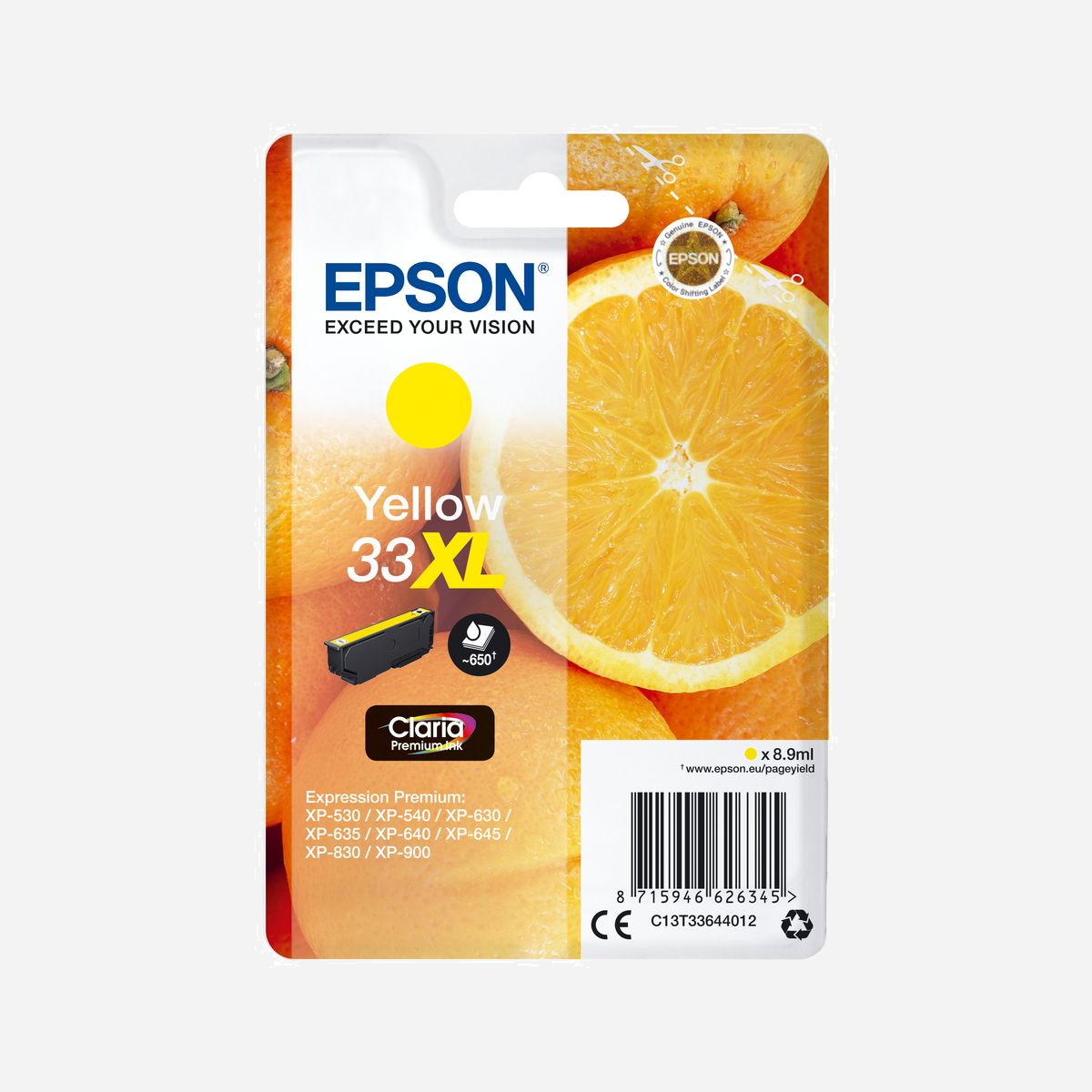 Epson Cartouche Jaune C13T33644022 Encre Claria Premium J XL Pigmentée 8,9ml 650 Pages pour Expression Premium XP-900/830/645/640/635/630/540/530 - <b>Réalisez jusqu’à 30 % d’économies sur l’encre</b>2 <b>grâce aux cartouches d’encre séparées Epson</b> <br>Grâce aux cartouches d’encre séparées Epson, en ne remplaçant que la couleur épuisée, vous réalisez jusqu’à 30 % d’économies sur l’encre2 par rapport aux cartouches monobloc trois couleurs concurrentes.<br><br><b>Réduisez vos coûts d’impression avec les cartouches d’encre haute capacité</b><br>Epson propose le choix entre cartouches d’encre standard ou haute capacité dans ses gammes d’encre les plus récentes. Les encres XL sont parfaites si vous imprimez d’importants volumes et peuvent réduire vos coûts d’impression de 25 %3.<br><br><b>Les encres Epson sont optimisées pour les imprimantes Epson</b><br>Les encres et les papiers Epson ont été développés pour fonctionner parfaitement avec les imprimantes Epson, afin de produire les meilleurs résultats maintes et maintes fois.