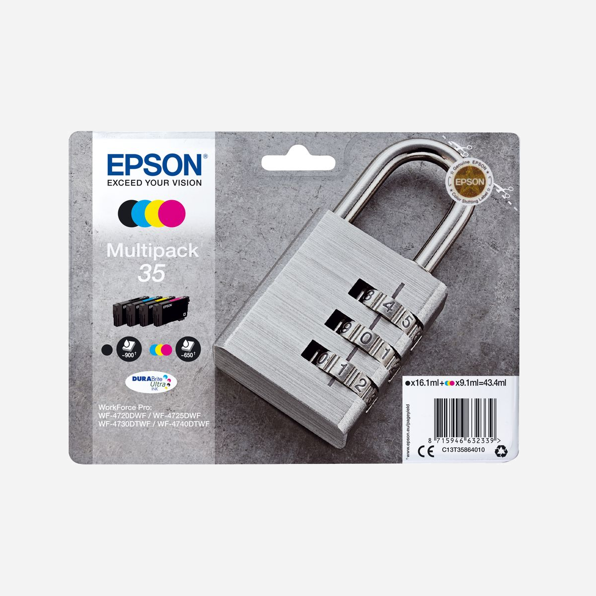 Epson Multipack 35 DURABrite Ultra Ink - 4 Couleurs (Noir 16.1ml, Cyan/Magenta/Jaune 9.1ml) - Référence C13T35864020 - Compatibilité WorkForce Pro - <b>Réduisez vos coûts d’impression</b> <br>Profitez des encres DURABrite Ultra économiques avec les modèles WorkForce associés, pour un coût par page jusqu’à 50 % inférieur par rapport aux imprimantes laser concurrentes1. Offrant un excellent rapport qualité/prix, les encres sont toujours proposées en cartouches séparées. Ainsi, vous ne remplacez que la couleur utilisée. En outre, les cartouches au format XL vous permettent d’imprimer jusqu’à 2 600 pages en monochrome et 1 900 pages en couleur2.<br><br><b>Découvrez la gamme</b><br>Notre encre pigmentaire DURABrite Ultra crée des documents nets, durables et robustes, résistants au maculage, à l’eau et aux surligneurs. Elle sèche également rapidement, ce qui réduit le risque de maculage lors des impressions recto-verso. <br><br><b>Optimisés pour les imprimantes Epson</b><br>Les encres et les papiers Epson ont été développés pour fonctionner parfaitement avec les imprimantes Epson, afin de produire les meilleurs résultats maintes et maintes fois. <br><br><b>L’article d’origine</b><br>Permet de réaliser des impressions sans difficulté et fiables avec les encres d’origine Epson. Nous réalisons de lourds investissements en Recherche et Développement, d’usines de fabrication high-tech et de tests rigoureux auxquels nos produits sont soumis, pour vous offrir une qualité exceptionnelle.