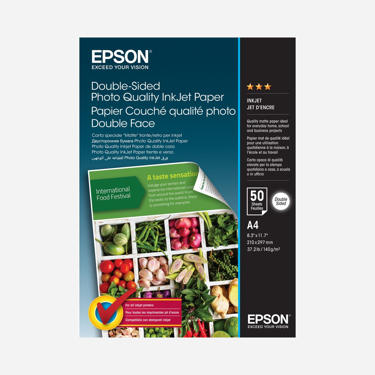 Epson Papier Jet d'Encre Qualité Photo Recto-Verso A4, 50 Feuilles, 140 g/m², Finition Mate - Optimisé Imprimantes Jet d'Encre Epson - C13S400059 - <b>Résultats de qualité</b> <br>Vous consacrez du temps à votre travail, aussi laissez-le briller avec notre papier Jet d’encre Qualité Photo 120 g/m², blanc, mat, recto-verso. Lorsque vous imprimez en recto-verso, ce papier raffiné et élégant est conçu pour produire des détails riches et des couleurs haute résolution pour vos images ainsi que des textes clairs et nets. Vous pouvez compter sur lui pour générer d'exceptionnels dépliants, newsletters, brochures, devoirs à la maison et bien plus encore.<br><b>Optimisés pour les imprimantes Epson</b><br>Les encres et les papiers Epson ont été développés pour fonctionner parfaitement avec les imprimantes Epson, afin de produire les meilleurs résultats maintes et maintes fois. <br><br><b>Parfaits pour toutes les imprimantes</b><br>Nos papiers produisent de formidables résultats avec les imprimantes et les encres de fabricants tiers. Ainsi chacun peut profiter du savoir-faire d’Epson.
