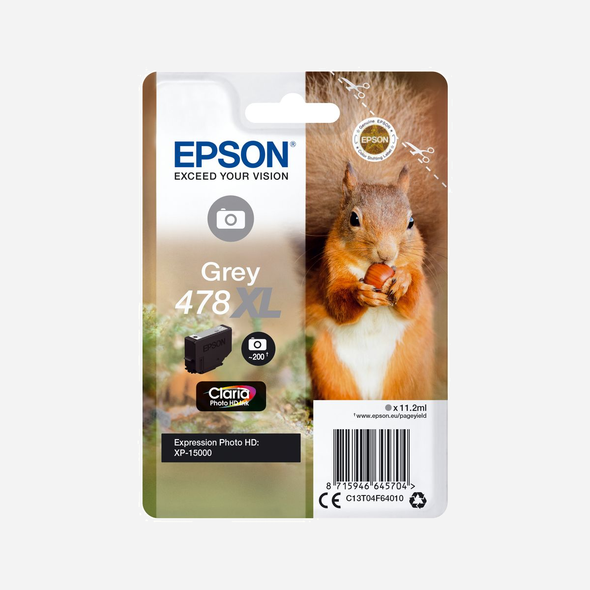 Epson 478XL Claria Photo HD Ink Grey Singlepack (C13T04F64010) - Encre à colorant, 11.2ml, 200 pages, Expression Photo XP-15000/XP-8500 - <b>Réduisez vos coûts d’impression avec les cartouches d’encre haute capacité</b><br>Epson propose le choix entre cartouches d’encre standard ou haute capacité dans ses gammes d’encre les plus récentes. Les encres XL sont parfaites si vous imprimez d’importants volumes et peuvent réduire vos coûts d’impression.<br><br><b>Découvrez la gamme</b><br>Imprimez des photos brillantes et durables de qualité professionnelle selon vos besoins avec les encres Claria Photo HD. Les passionnés de photo et les semi-professionnels apprécieront certainement le niveau amélioré de la qualité produite par ses encres 6 couleurs. Ce kit d’encre fournit des images détaillées et des grains de peau naturels avec des dégradés subtils et des noirs profonds, plus naturels. Conçue dans une optique de longévité, l’encre de haute qualité peut durer pendant 300 ans dans un album photo1.<br><br><b>Optimisés pour les imprimantes Epson</b><br>Les encres et les papiers Epson ont été développés pour fonctionner parfaitement avec les imprimantes Epson, afin de produire les meilleurs résultats maintes et maintes fois. <br><br><b>L’article d’origine</b><br>Permet de réaliser des impressions sans difficulté et fiables avec les encres d’origine Epson. Nous réalisons de lourds investissements en Recherche et Développement, d’usines de fabrication high-tech et de tests rigoureux auxquels nos produits sont soumis, pour vous offrir une qualité exceptionnelle.