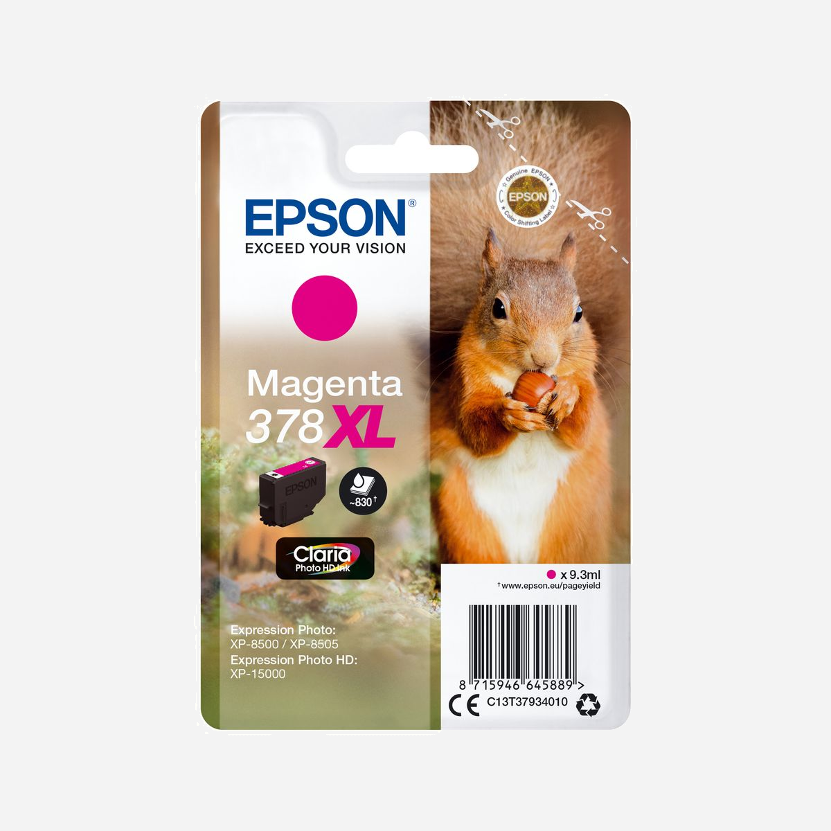 Epson 378XL Magenta - Cartouche d'Encre Claria Photo HD - Pigmentée - 9.3ml - 830 pages - C13T37934010 - Expression Photo XP-15000/XP-8500 - <b>Réduisez vos coûts d’impression</b><br>Epson propose des cartouches d’encre standard et à très grande capacité (XL) afin que vous puissiez choisir la meilleure option selon vos besoins. Les encres XL sont parfaites si vous imprimez d’importants volumes et peuvent réduire vos coûts d’impression. Peu importe le format (standard ou XL), toutes nos cartouches sont séparées : seule la couleur épuisée doit être remplacée. Cela signifie moins de gaspillage et un excellent rapport qualité/prix.<br><br><b>Découvrez la gamme</b><br>Imprimez des photos brillantes et durables de qualité professionnelle selon vos besoins avec les encres Claria Photo HD. Les passionnés de photo et les semi-professionnels apprécieront certainement le niveau amélioré de la qualité produite par ses encres 6 couleurs. Ce kit d’encre fournit des images détaillées et des grains de peau naturels avec des dégradés subtils et des noirs profonds, plus naturels. Conçue dans une optique de longévité, l’encre de haute qualité peut durer pendant 300 ans dans un album photo1. <br><br><b>Optimisés pour les imprimantes Epson</b><br>Les encres et les papiers Epson ont été développés pour fonctionner parfaitement avec les imprimantes Epson, afin de produire les meilleurs résultats maintes et maintes fois. <br><br><b>L’article d’origine</b><br>Permet de réaliser des impressions sans difficulté et fiables avec les encres d’origine Epson. Nous réalisons de lourds investissements en Recherche et Développement, d’usines de fabrication high-tech et de tests rigoureux auxquels nos produits sont soumis, pour vous offrir une qualité exceptionnelle.