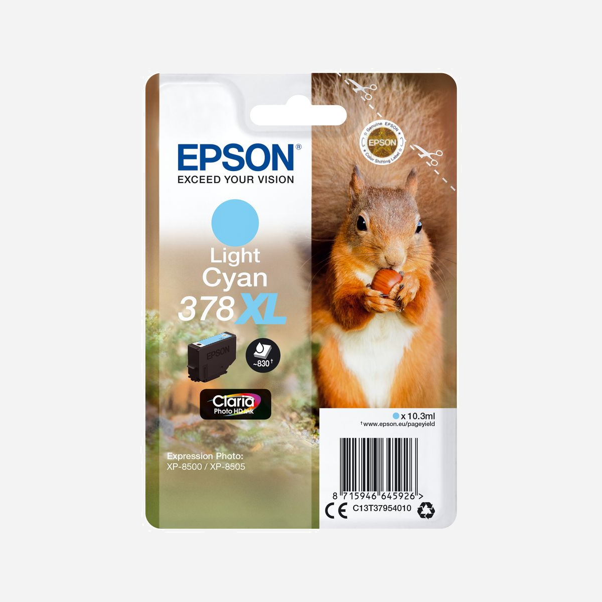 Epson 378XL Claria Photo HD Ink Cyan Clair - Cartouche Jet d'Encre à Pigments - 10.3ml - 830 pages - Expression Photo XP-8500/XP-8505 - C13T37954020 - <b>Réduisez vos coûts d’impression</b><br>Epson propose des cartouches d’encre standard et à très grande capacité (XL) afin que vous puissiez choisir la meilleure option selon vos besoins. Les encres XL sont parfaites si vous imprimez d’importants volumes et peuvent réduire vos coûts d’impression. Peu importe le format (standard ou XL), toutes nos cartouches sont séparées : seule la couleur épuisée doit être remplacée. Cela signifie moins de gaspillage et un excellent rapport qualité/prix.<br><br><b>Découvrez la gamme</b><br>Imprimez des photos brillantes et durables de qualité professionnelle selon vos besoins avec les encres Claria Photo HD. Les passionnés de photo et les semi-professionnels apprécieront certainement le niveau amélioré de la qualité produite par ses encres 6 couleurs. Ce kit d’encre fournit des images détaillées et des grains de peau naturels avec des dégradés subtils et des noirs profonds, plus naturels. Conçue dans une optique de longévité, l’encre de haute qualité peut durer pendant 300 ans dans un album photo1. <br><br><b>Optimisés pour les imprimantes Epson</b><br>Les encres et les papiers Epson ont été développés pour fonctionner parfaitement avec les imprimantes Epson, afin de produire les meilleurs résultats maintes et maintes fois. <br><br><b>L’article d’origine</b><br>Permet de réaliser des impressions sans difficulté et fiables avec les encres d’origine Epson. Nous réalisons de lourds investissements en Recherche et Développement, d’usines de fabrication high-tech et de tests rigoureux auxquels nos produits sont soumis, pour vous offrir une qualité exceptionnelle.
