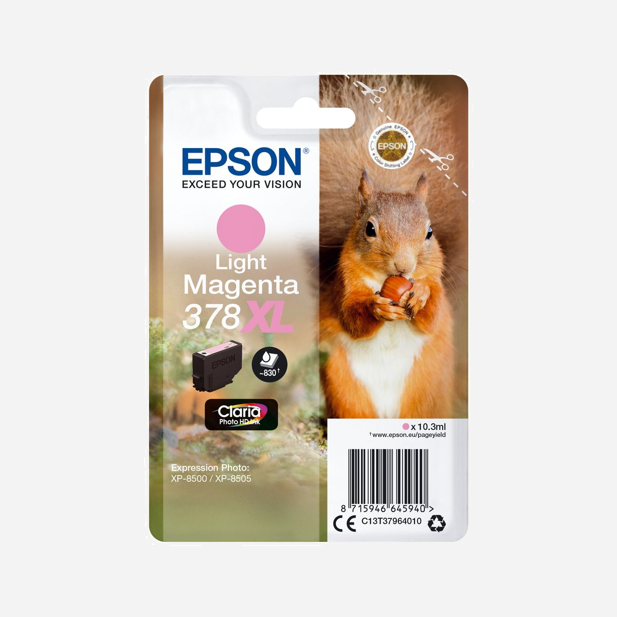 Epson 378XL Squirrel Light Magenta - Cartouche d'encre pigmentée - 10.3ml - 830 pages - Claria Photo HD Ink - Pour Expression Photo XP-8500/8505 - <b>Réduisez vos coûts d’impression</b><br>Epson propose des cartouches d’encre standard et à très grande capacité (XL) afin que vous puissiez choisir la meilleure option selon vos besoins. Les encres XL sont parfaites si vous imprimez d’importants volumes et peuvent réduire vos coûts d’impression. Peu importe le format (standard ou XL), toutes nos cartouches sont séparées : seule la couleur épuisée doit être remplacée. Cela signifie moins de gaspillage et un excellent rapport qualité/prix.<br><br><b>Découvrez la gamme</b><br>Imprimez des photos brillantes et durables de qualité professionnelle selon vos besoins avec les encres Claria Photo HD. Les passionnés de photo et les semi-professionnels apprécieront certainement le niveau amélioré de la qualité produite par ses encres 6 couleurs. Ce kit d’encre fournit des images détaillées et des grains de peau naturels avec des dégradés subtils et des noirs profonds, plus naturels. Conçue dans une optique de longévité, l’encre de haute qualité peut durer pendant 300 ans dans un album photo1. <br><br><b>Optimisés pour les imprimantes Epson</b><br>Les encres et les papiers Epson ont été développés pour fonctionner parfaitement avec les imprimantes Epson, afin de produire les meilleurs résultats maintes et maintes fois. <br><br><b>L’article d’origine</b><br>Permet de réaliser des impressions sans difficulté et fiables avec les encres d’origine Epson. Nous réalisons de lourds investissements en Recherche et Développement, d’usines de fabrication high-tech et de tests rigoureux auxquels nos produits sont soumis, pour vous offrir une qualité exceptionnelle.