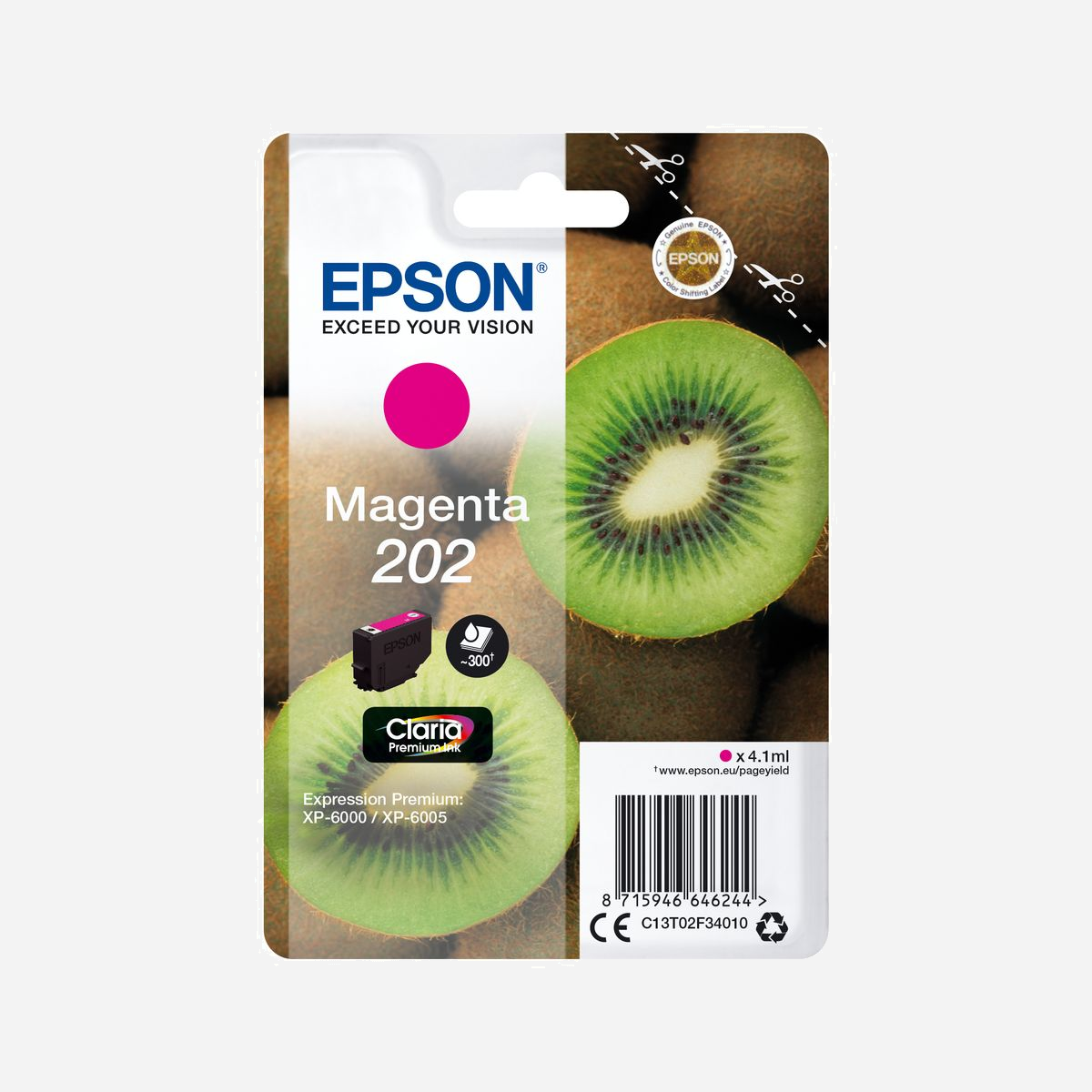 Epson 202 Claria Premium Ink Magenta Singlepack - Cartouche jet d'encre pigmentée, 4.1ml, 300 pages, pour Expression Premium XP-6000/XP-6005, C13T02F34010 - <b>Réduisez vos coûts d’impression</b><br>Epson propose des cartouches d’encre standard et à très grande capacité (XL) afin que vous puissiez choisir la meilleure option selon vos besoins. Les encres XL sont parfaites si vous imprimez d’importants volumes et peuvent réduire vos coûts d’impression. Peu importe le format (standard ou XL), toutes nos cartouches sont séparées : seule la couleur épuisée doit être remplacée. Cela signifie moins de gaspillage et un excellent rapport qualité/prix.<br><br><b>Découvrez la gamme</b><br>L’encre Epson Claria Premium 5 couleurs est idéale pour les familles dynamiques qui souhaitent conjuguer qualité d’impression pour leurs documents et rendu brillant pour des photos exceptionnelles. Elle allie des encres pigmentaires et des encres à base de colorants, sans oublier l’avantage supplémentaire d’une encre noire photo. Le résultat ? Outre la production de textes durables, ces encres permettent de générer des photos d'une qualité exceptionnelle. Qui plus est, les photos imprimées avec cette encre peuvent durer jusqu’à 300 ans dans un album photo1, garantissant ainsi que vos plus beaux souvenirs seront protégés pendant des générations.<br><br><b>Optimisés pour les imprimantes Epson</b><br>Les encres et les papiers Epson ont été développés pour fonctionner parfaitement avec les imprimantes Epson, afin de produire les meilleurs résultats maintes et maintes fois. <br><br><b>L’article d’origine</b><br>Permet de réaliser des impressions sans difficulté et fiables avec les encres d’origine Epson. Nous réalisons de lourds investissements en Recherche et Développement, d’usines de fabrication high-tech et de tests rigoureux auxquels nos produits sont soumis, pour vous offrir une qualité exceptionnelle.