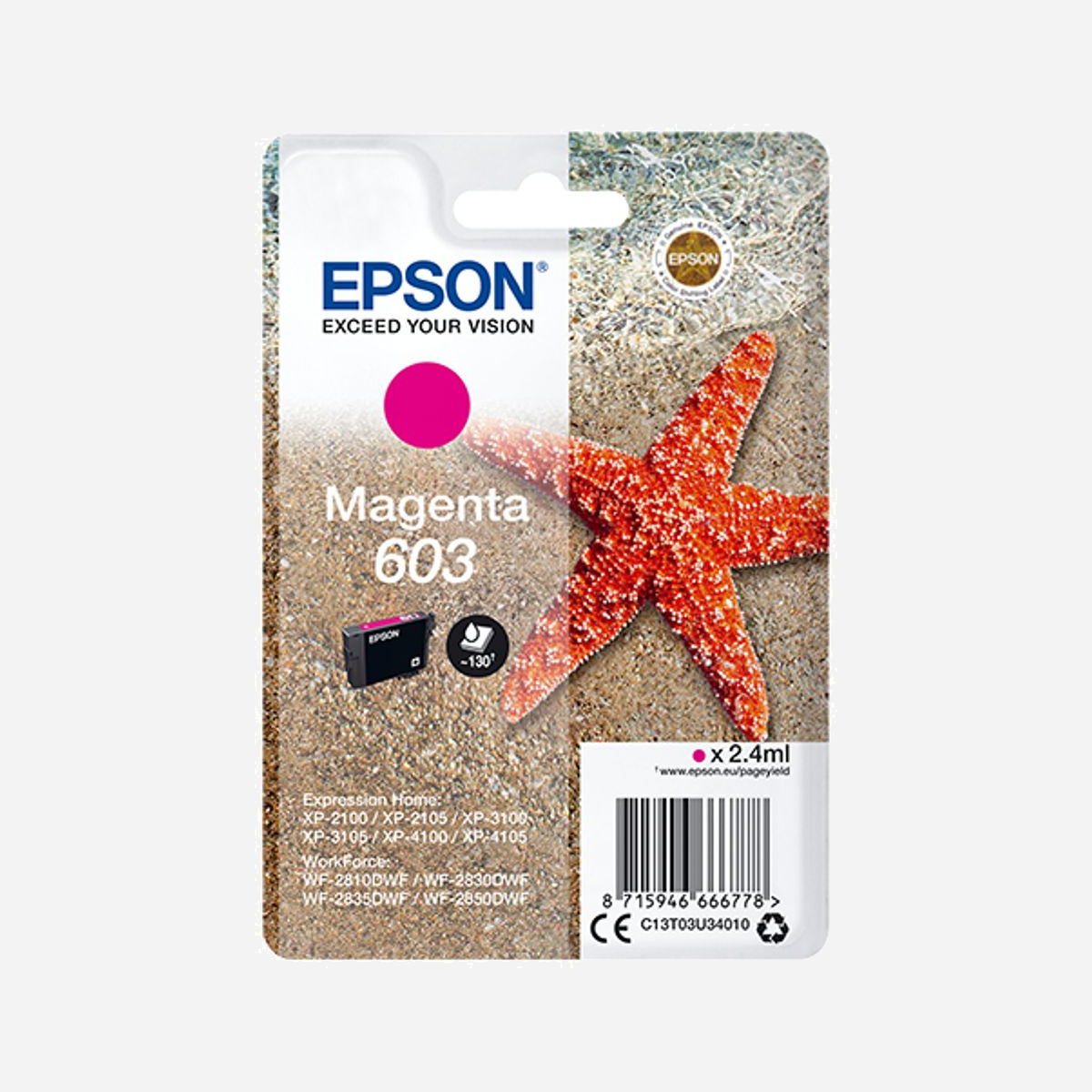 Epson 603 Magenta - Cartouche d'encre originale, rendement standard 2.4ml, C13T03U34010, compatibilité Expression Home/WorkForce - <b>Faible coût et fiabilité</b> <br>Avec les encres individuelles quatre couleurs 603 d’Epson, vous bénéficiez d’impressions fiables, nettes et aux couleurs éclatantes tout en réalisant des économies. Grâce à la combinaison de couleurs à base de colorants et d’encres pigmentaires noires, ce kit d’encres produit des impressions colorées et riches en détails.<br><br><b>Réduisez vos coûts d’impression avec les cartouches d’encre très haute capacité</b><br>Epson propose le choix entre cartouches d’encre standard ou très haute capacité dans ses gammes d’encre les plus récentes. Les encres très haute capacité sont parfaites si vous imprimez d’importants volumes et peuvent réduire vos coûts d’impression.<br><br><b>Optimisés pour les imprimantes Epson</b><br>Les encres et les papiers Epson ont été développés pour fonctionner parfaitement avec les imprimantes Epson, afin de produire les meilleurs résultats maintes et maintes fois. <br><br><b>L’article d’origine</b><br>Réalisez des impressions fiables et sans difficulté avec les encres d’origine Epson. Nous réalisons de lourds investissements en Recherche et Développement et en usines de fabrication high-tech, et nous soumettons nos produits à des tests rigoureux pour vous offrir une qualité exceptionnelle.