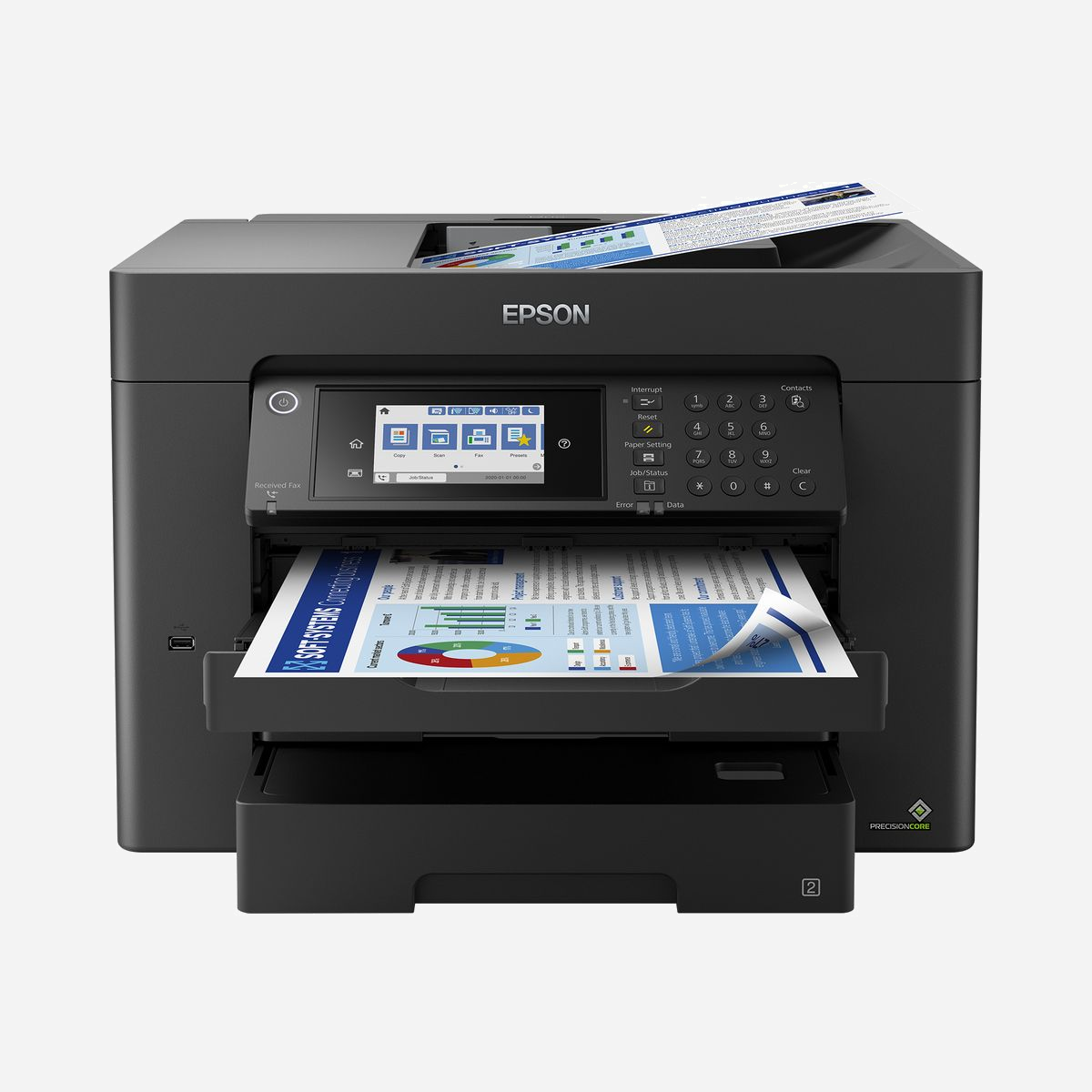 Epson WorkForce WF-7840DTWF Jet d'encre Couleur A3+ 4800x2400 DPI 25/12 ppm Recto Verso Auto Scan Cloud Fax 33.6Kbps WiFi Ethernet ADF 50 feuilles - <b>Une impression A3+ de qualité professionnelle</b><br>Cette imprimante multifonction A3+ répondra aux besoins des utilisateurs les plus exigeants, qu’il s’agisse de travailleurs à domicile ou de PME. Proposant des fonctions d’impression Recto Verso, de numérisation et de fax jusqu’au format A3, elle est également dotée d’un chargeur automatique de documents capable de traiter jusqu’à 50 pages A3 Recto Verso. Elle produit en outre des impressions de haute qualité équivalentes au laser grâce à sa tête d’impression PrecisionCore. <br><br><b>Améliorez votre productivité</b><br>Ce modèle rapide, fiable et efficace propose des vitesses d’impression allant jusqu’à 25 ppm en noir et blanc et 12 ppm en couleur¹. Il est également très simple d’utilisation, avec son interface utilisateur intuitive et son écran tactile de 10,9 cm. Ce modèle comprend également 2 bacs papier de 250 feuilles et un bac papier arrière supplémentaire de 50 feuilles.<br><br><b>Réduisez vos dépenses</b><br>Réduisez considérablement vos coûts : cette imprimante est compatible avec les encres individuelles, 50 % plus efficaces que les cartouches comprenant trois couleurs³. Offrant un excellent rapport qualité-prix, ces cartouches sont disponibles en taille standard, XL et XXL, avec un rendement maximal de 1 100 pages⁴. <br><br><b>Solutions sans fil</b><br>Imprimez de n'importe où dans le bureau avec la connexion Wi-Fi ou Wi-Fi Direct à partir d’appareils sans fil compatibles. Les solutions et applications d’impression mobile gratuites d’Epson offrent une polyvalence optimale, notamment Email Print, qui vous permet d’envoyer des éléments à l’impression quasiment depuis n’importe où dans le monde². De plus, grâce à la fonction Scan-to-Cloud, vous bénéficiez de tous les avantages du travail collaboratif².