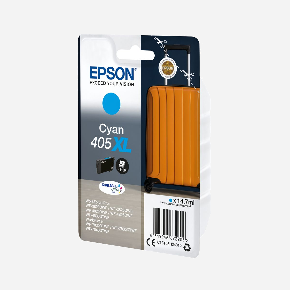 Epson Singlepack Cyan 405XL DURABrite Ultra Ink C13T05H24010, 14.7ml, Haute Capacité (XL), pour Workforce Pro WF-3820DFW/WF-4820DFW - <b>Réduisez vos coûts d’impression avec les cartouches d’encre très haute capacité</b><br>Profitez des encres DURABrite Ultra rentables. Offrant un excellent rapport qualité/prix, les encres sont toujours proposées en cartouches séparées. Ainsi, vous ne remplacez que la couleur utilisée. En outre, les cartouches de très haute capacité vous permettent d’imprimer jusqu’à 1 100 pages en noir en blanc et 1 100 pages en couleur1. Les cartouches noires XXL sont également disponibles pour les modèles d’imprimante A3 avec un rendement de 2 200 pages1.<br><br><b>Découvrir la gamme</b><br>Notre encre tout pigment DURABrite Ultra Ink crée des documents nets, durables et robustes qui sont résistants à l’eau, aux bavures et aux surligneurs. Elle sèche également rapidement, ce qui réduit le risque de maculage lors des impressions recto-verso. <br><br><b>Optimisation pour les imprimantes Epson</b><br>Les encres et les papiers Epson ont été développés pour fonctionner parfaitement avec les imprimantes Epson, afin de produire les meilleurs résultats maintes et maintes fois. <br><br><b>Cartouche d’origine</b><br>Réalisez des impressions fiables et sans difficulté avec les encres d’origine Epson. Nous réalisons de lourds investissements en Recherche et Développement ainsi que pour nos usines de fabrication high-tech, et nous soumettons nos produits à des tests rigoureux afin de vous offrir un produit de qualité exceptionnelle.