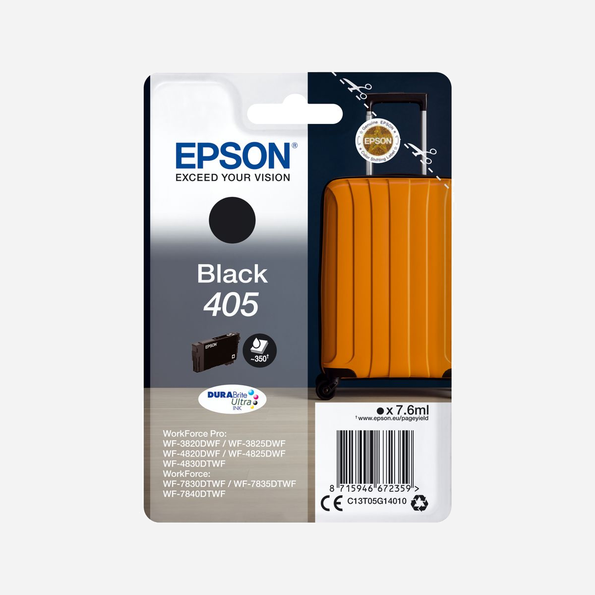Epson Cartouche d'encre noire 405 DURABrite Ultra, 7.6ml, Pigment, Rendement Standard, C13T05G14020, WorkForce WF et Pro compatibles - <b>Réduisez vos coûts d’impression avec les cartouches d’encre très haute capacité</b><br>Profitez des encres DURABrite Ultra rentables. Offrant un excellent rapport qualité/prix, les encres sont toujours proposées en cartouches séparées. Ainsi, vous ne remplacez que la couleur utilisée. En outre, les cartouches de très haute capacité vous permettent d’imprimer jusqu’à 1 100 pages en noir en blanc et 1 100 pages en couleur1. Les cartouches noires XXL sont également disponibles pour les modèles d’imprimante A3 avec un rendement de 2 200 pages1.<br><br><b>Découvrir la gamme</b><br>Notre encre tout pigment DURABrite Ultra Ink crée des documents nets, durables et robustes qui sont résistants à l’eau, aux bavures et aux surligneurs. Elle sèche également rapidement, ce qui réduit le risque de maculage lors des impressions recto-verso. <br><br><b>Optimisation pour les imprimantes Epson</b><br>Les encres et les papiers Epson ont été développés pour fonctionner parfaitement avec les imprimantes Epson, afin de produire les meilleurs résultats maintes et maintes fois. <br><br><b>Cartouche d’origine</b><br>Réalisez des impressions fiables et sans difficulté avec les encres d’origine Epson. Nous réalisons de lourds investissements en Recherche et Développement ainsi que pour nos usines de fabrication high-tech, et nous soumettons nos produits à des tests rigoureux afin de vous offrir un produit de qualité exceptionnelle.