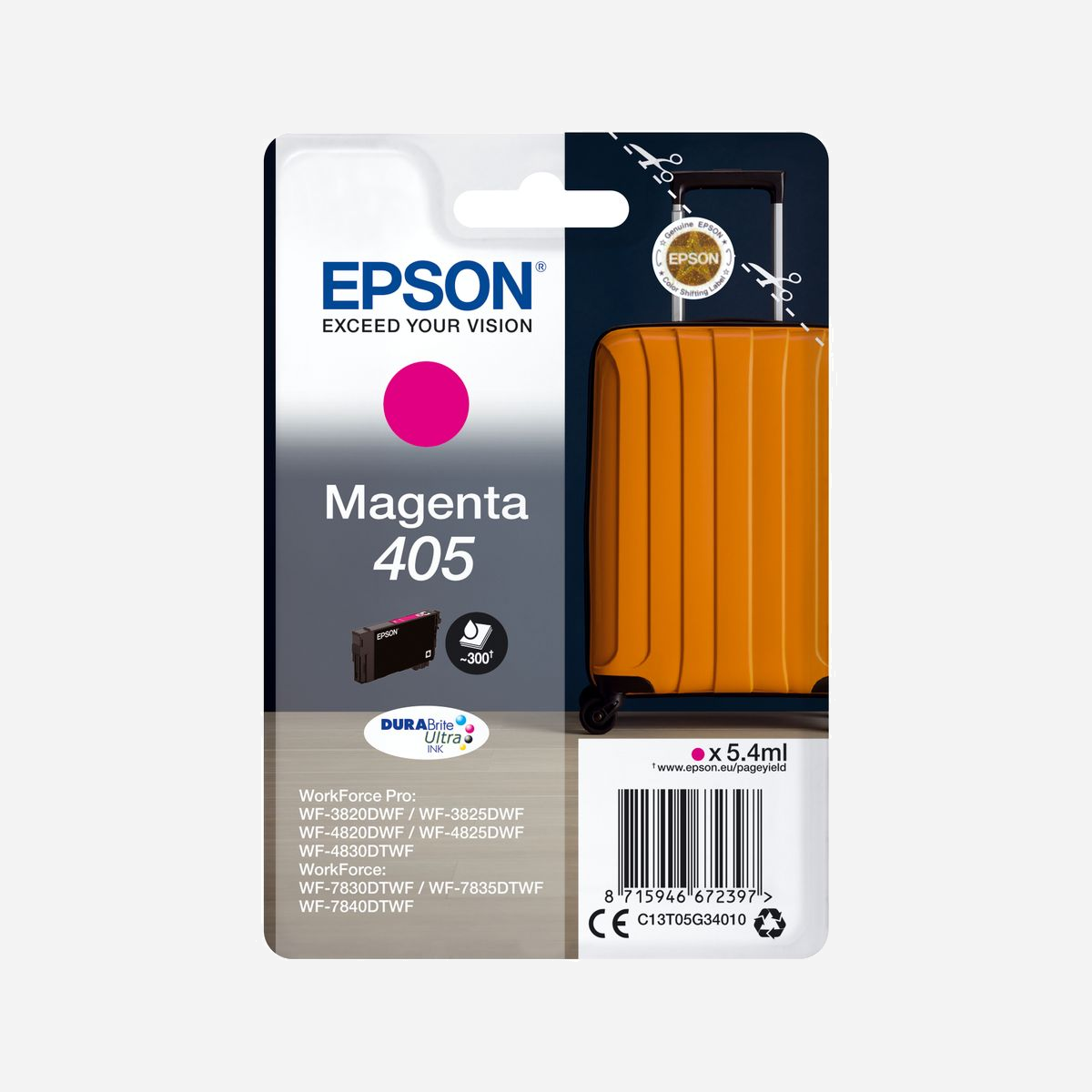 Epson Cartouche d'encre Magenta 405 DURABrite Ultra - Pigment, 5.4ml, Rendement Standard, WorkForce/Pro WF-38xx/48xx/78xx - C13T05G34020 - <b>Réduisez vos coûts d’impression avec les cartouches d’encre très haute capacité</b><br>Profitez des encres DURABrite Ultra rentables. Offrant un excellent rapport qualité/prix, les encres sont toujours proposées en cartouches séparées. Ainsi, vous ne remplacez que la couleur utilisée. En outre, les cartouches de très haute capacité vous permettent d’imprimer jusqu’à 1 100 pages en noir en blanc et 1 100 pages en couleur1. Les cartouches noires XXL sont également disponibles pour les modèles d’imprimante A3 avec un rendement de 2 200 pages1.<br><br><b>Découvrir la gamme</b><br>Notre encre tout pigment DURABrite Ultra Ink crée des documents nets, durables et robustes qui sont résistants à l’eau, aux bavures et aux surligneurs. Elle sèche également rapidement, ce qui réduit le risque de maculage lors des impressions recto-verso. <br><br><b>Optimisation pour les imprimantes Epson</b><br>Les encres et les papiers Epson ont été développés pour fonctionner parfaitement avec les imprimantes Epson, afin de produire les meilleurs résultats maintes et maintes fois. <br><br><b>Cartouche d’origine</b><br>Réalisez des impressions fiables et sans difficulté avec les encres d’origine Epson. Nous réalisons de lourds investissements en Recherche et Développement ainsi que pour nos usines de fabrication high-tech, et nous soumettons nos produits à des tests rigoureux afin de vous offrir un produit de qualité exceptionnelle.