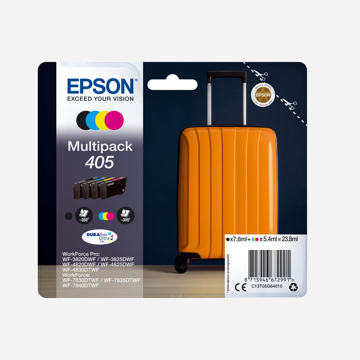 Epson Multipack 4 Couleurs 405 DURABrite Ultra Ink (C13T05G64010) : Noir 7.6ml, Cyan/Magenta/Jaune 5.4ml - WorkForce Pro/WF-7830DTWF - <b>Réduisez vos coûts d’impression avec les cartouches d’encre très haute capacité</b><br>Profitez des encres DURABrite Ultra rentables. Offrant un excellent rapport qualité/prix, les encres sont toujours proposées en cartouches séparées. Ainsi, vous ne remplacez que la couleur utilisée. En outre, les cartouches de très haute capacité vous permettent d’imprimer jusqu’à 1 100 pages en noir en blanc et 1 100 pages en couleur1. Les cartouches noires XXL sont également disponibles pour les modèles d’imprimante A3 avec un rendement de 2 200 pages1.<br><br><b>Découvrir la gamme</b><br>Notre encre tout pigment DURABrite Ultra Ink crée des documents nets, durables et robustes qui sont résistants à l’eau, aux bavures et aux surligneurs. Elle sèche également rapidement, ce qui réduit le risque de maculage lors des impressions recto-verso. <br><br><b>Optimisation pour les imprimantes Epson</b><br>Les encres et les papiers Epson ont été développés pour fonctionner parfaitement avec les imprimantes Epson, afin de produire les meilleurs résultats maintes et maintes fois. <br><br><b>Cartouche d’origine</b><br>Réalisez des impressions fiables et sans difficulté avec les encres d’origine Epson. Nous réalisons de lourds investissements en Recherche et Développement ainsi que pour nos usines de fabrication high-tech, et nous soumettons nos produits à des tests rigoureux afin de vous offrir un produit de qualité exceptionnelle.