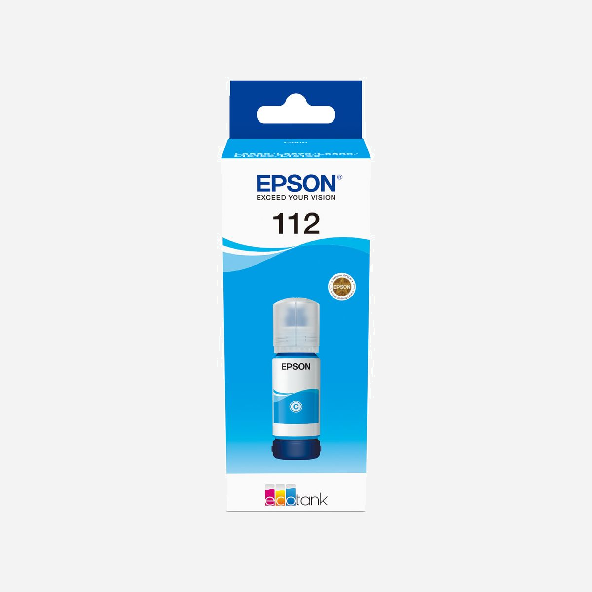 Epson EcoTank 112 Original Cyan C13T06C24A - Encre pigmentée 70ml, Rendement 6000 pages - Compatibilité Epson L5150, L5160 - Conditionnement Boîte - Epson EcoTank 112. Couleurs d'impression: Pigment cyan, Compatibilité de marque: Epson, Compatibilité: L5160, L5150. Quantité: 1 pièce(s), Type d'emballage: Boîte