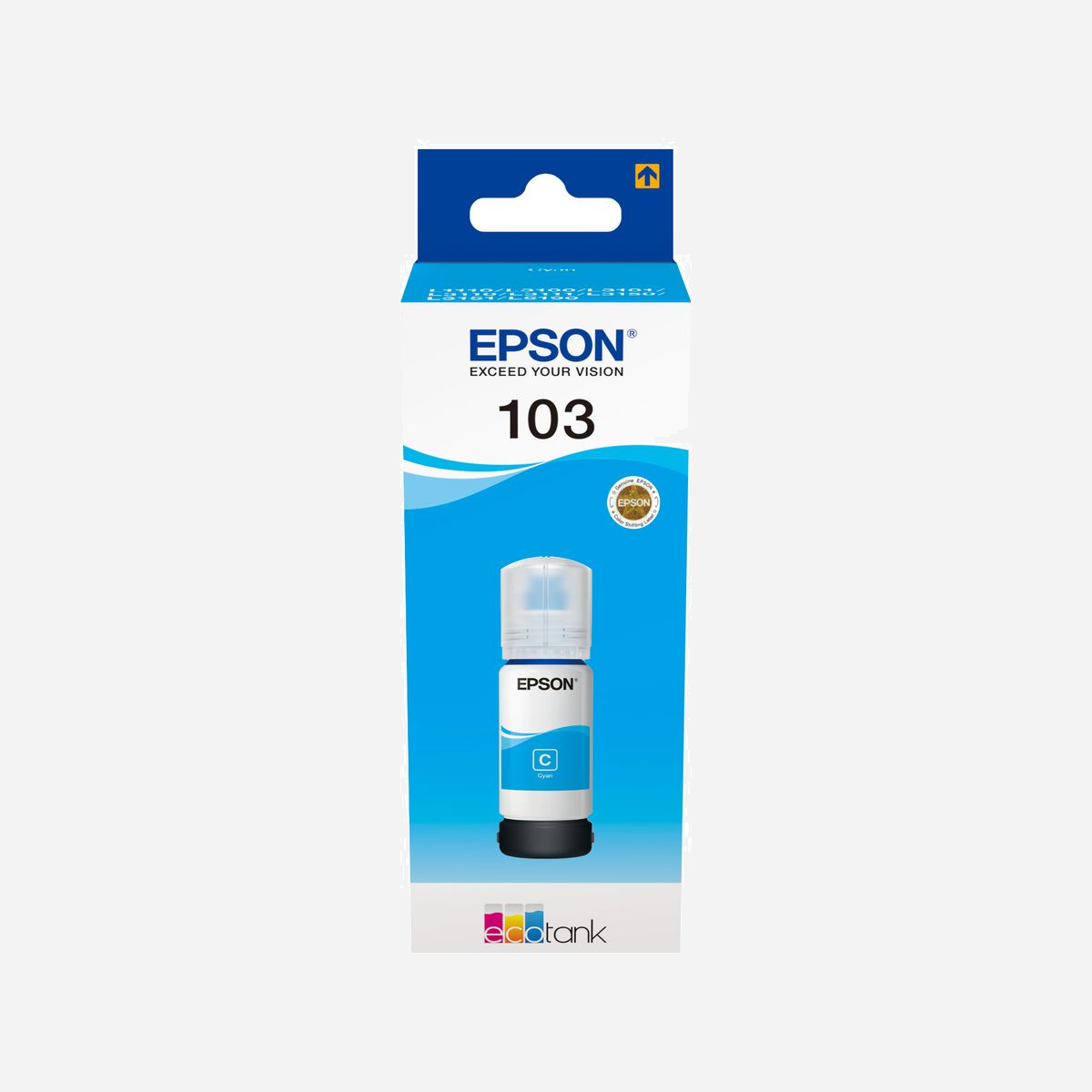 Epson Bouteille d'encre Cyan 103 EcoTank, 65ml, Original, C13T00S24A10 - Compatible L5190, L3156, L3151, L3150, EcoTank L3110 - <b>Pour des impressions au quotidien</b><br>Que vous imprimiez des devoirs scolaires ou des billets d’avion, cette série comprenant quatre encres couleur à base de colorants offre une solution fiable et sans difficulté.<br><br><b>Réduisez le coût de l’encre</b><br>Vous recherchez une solution d’impression ultra économique ? Dès le premier kit d’encre fourni avec l’imprimante, vous pouvez économiser en moyenne 90 % sur le coût de l’encre2. En plus d’être abordable, un seul kit permet d’imprimer un nombre de pages impressionnant : jusqu’à 4 500 pages en noir et 7 500 en couleur1.<br><br><b>Conçues spécialement pour être faciles à utiliser</b><br>Les bouteilles d’encre Epson sont plus faciles à utiliser que jamais grâce à leur conception de nouvelle génération. Les bouteilles complètement repensées permettent des recharges faciles et sont dotées de détrompeurs pour ne plus se tromper de couleur en remplissant le réservoir. <br><br><b>L’article d’origine</b><br>Réalisez des impressions fiables et sans difficulté avec les encres d’origine Epson. Nous réalisons de lourds investissements en Recherche et Développement et en usines de fabrication high-tech, et nous soumettons nos produits à des tests rigoureux pour vous offrir une qualité exceptionnelle.